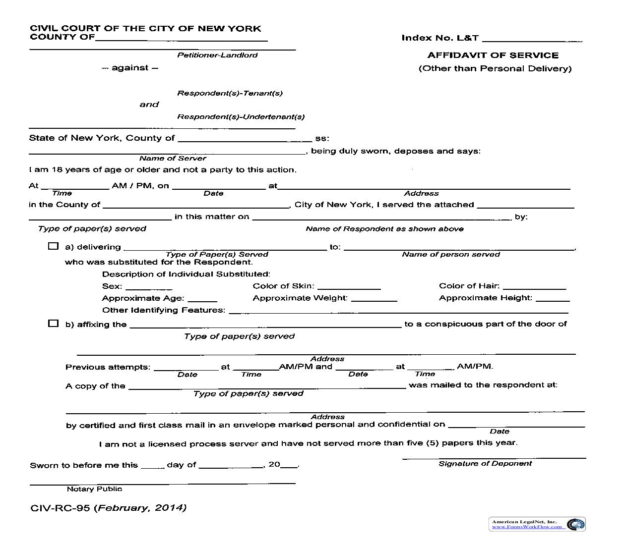 Affidavit Of Service (Other Than Personal Delivery) {CIV-RCF-95} | Pdf Fpdf Doc Docx | New York