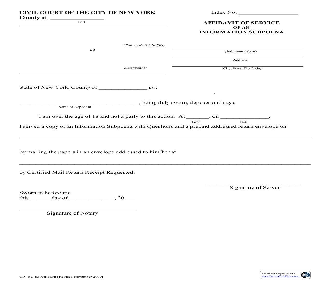 Affidavit Of Service Of Information Subpoena w-Instructions {CIV-SC-63} | Pdf Fpdf Doc Docx | New York