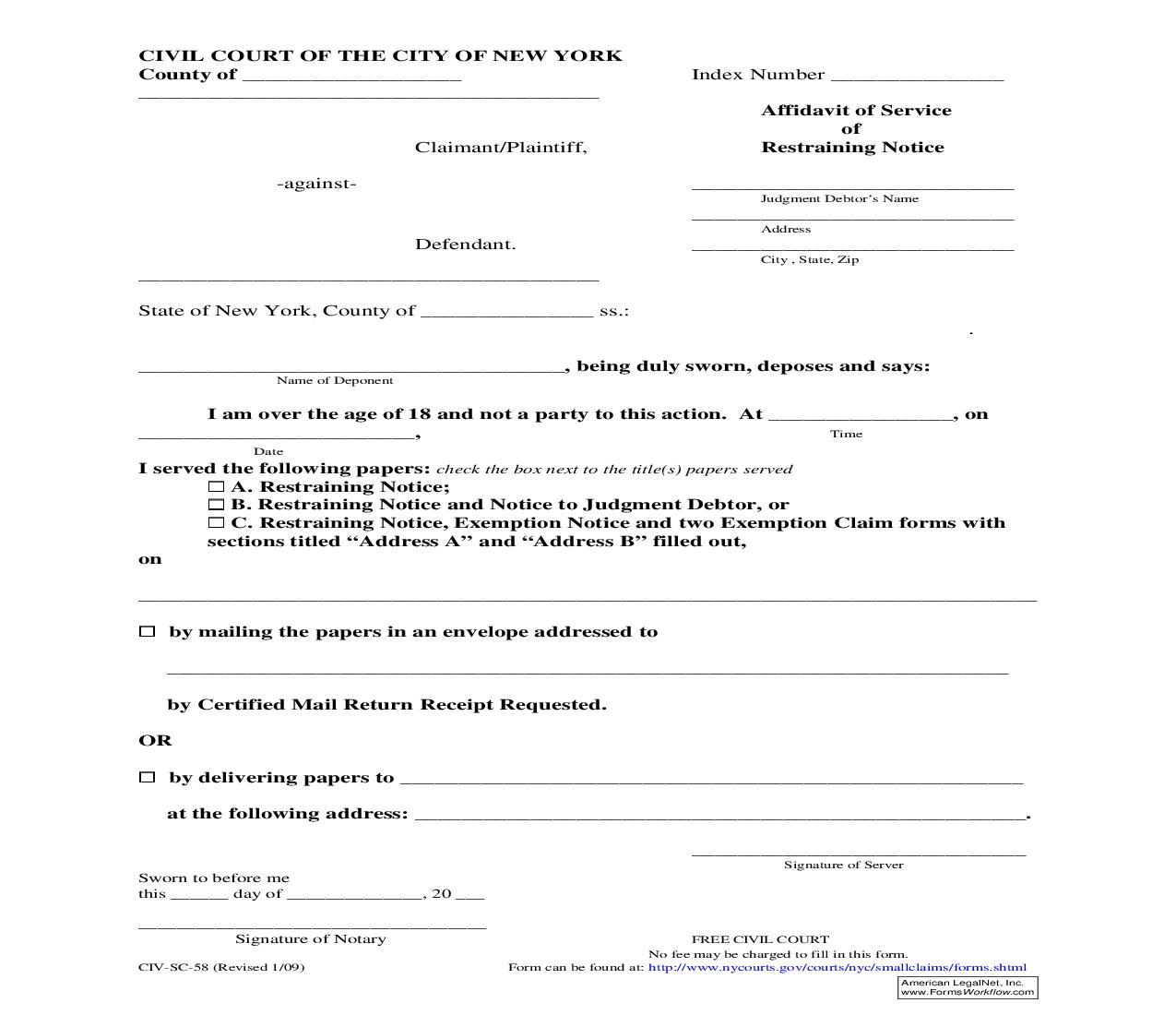 Affidavit Of Service Of Restraining Notice {CIV-SC-58} | Pdf Fpdf Doc Docx | New York