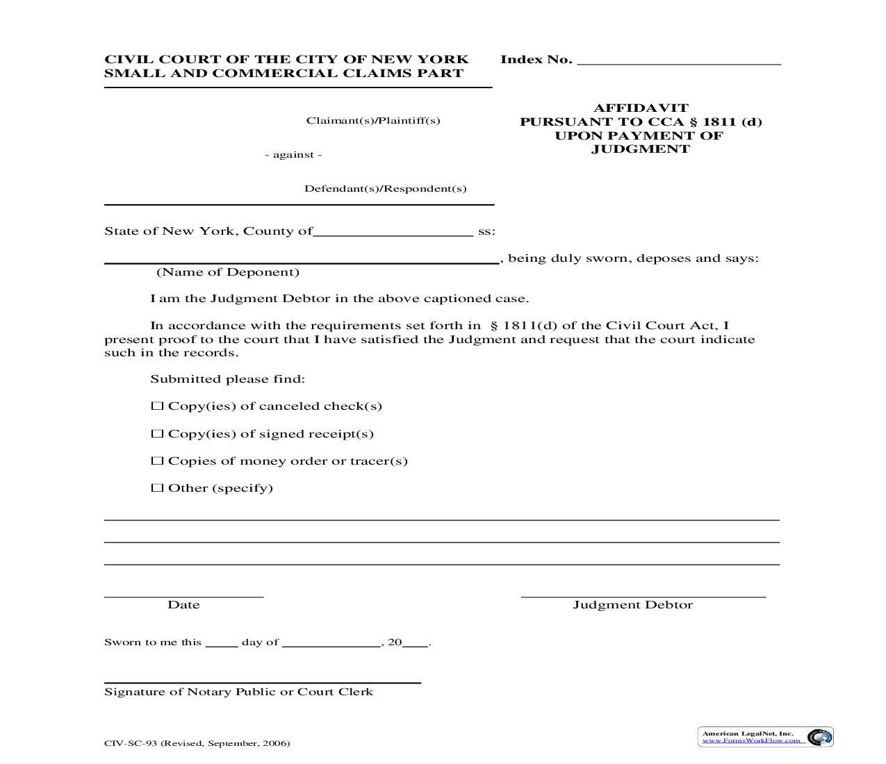 Affidavit Pursuant To CCA 1811 (d) Upon Payment Of Judgement {CIV-SC-93} | Pdf Fpdf Doc Docx | New York