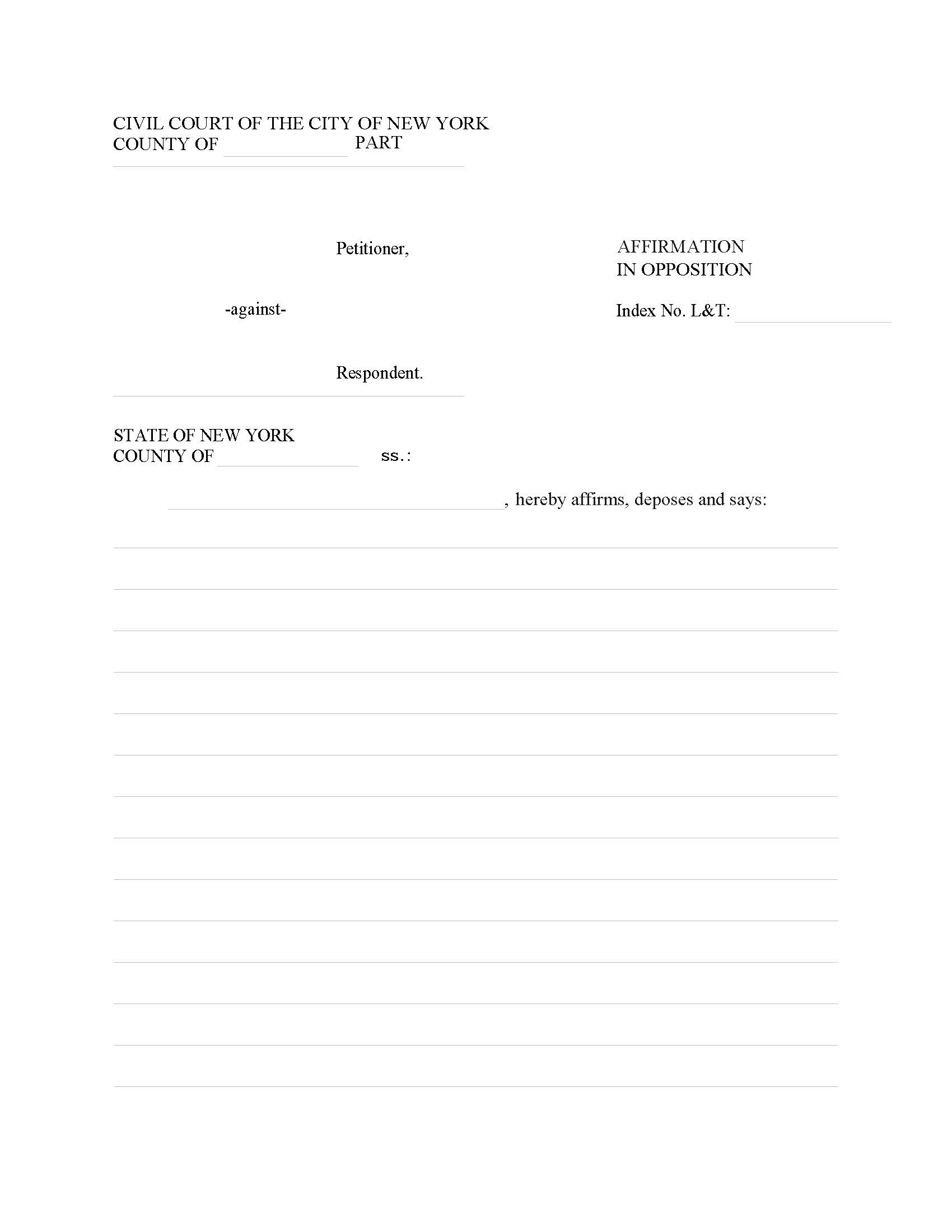 Affimation In Opposition (Landlord-Tenant) {CIV-LT-13A} | Pdf Fpdf Doc Docx | New York