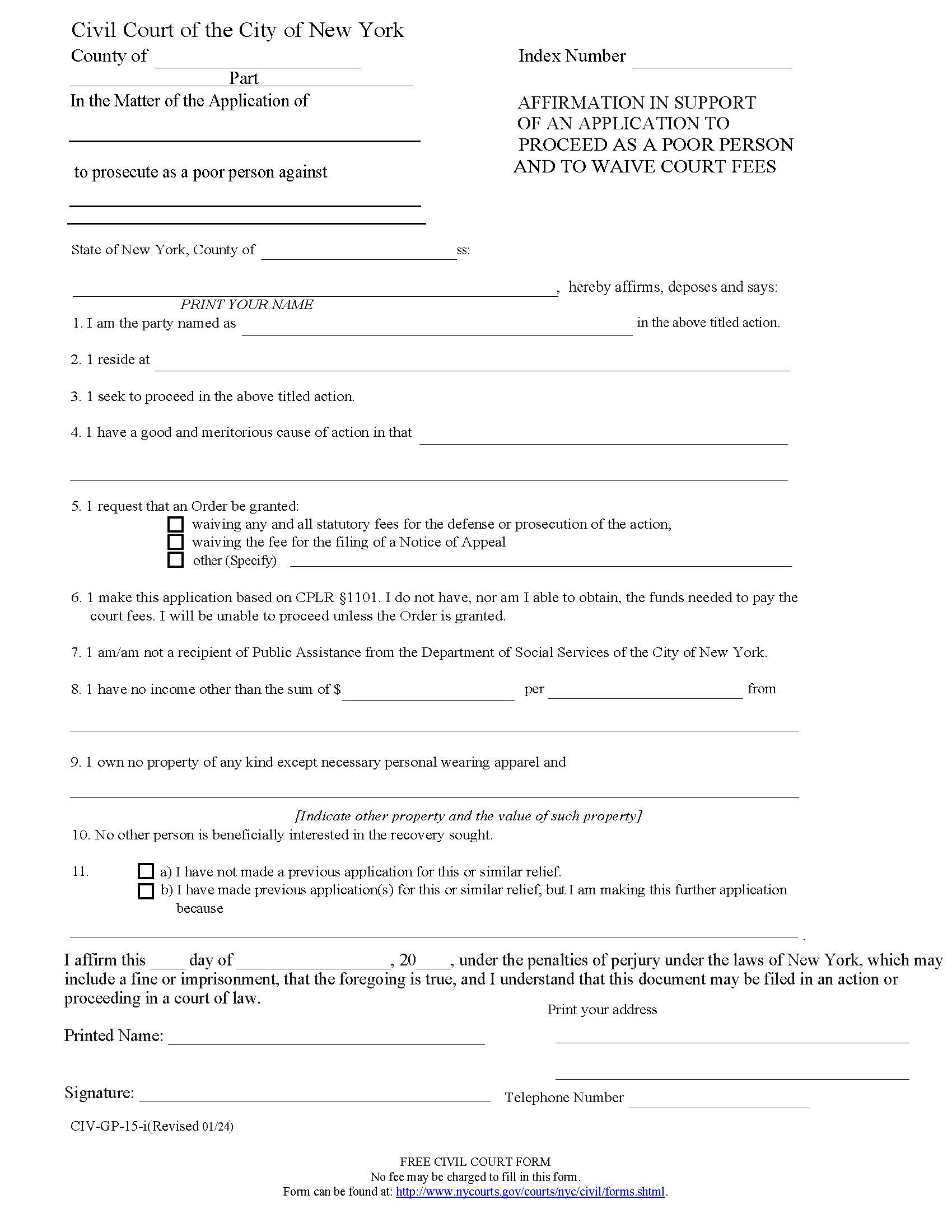 Affirmation In Support Application To Proceed As Poor Person Waive Court Fees {CIV-GP-15} | Pdf Fpdf Doc Docx | New York