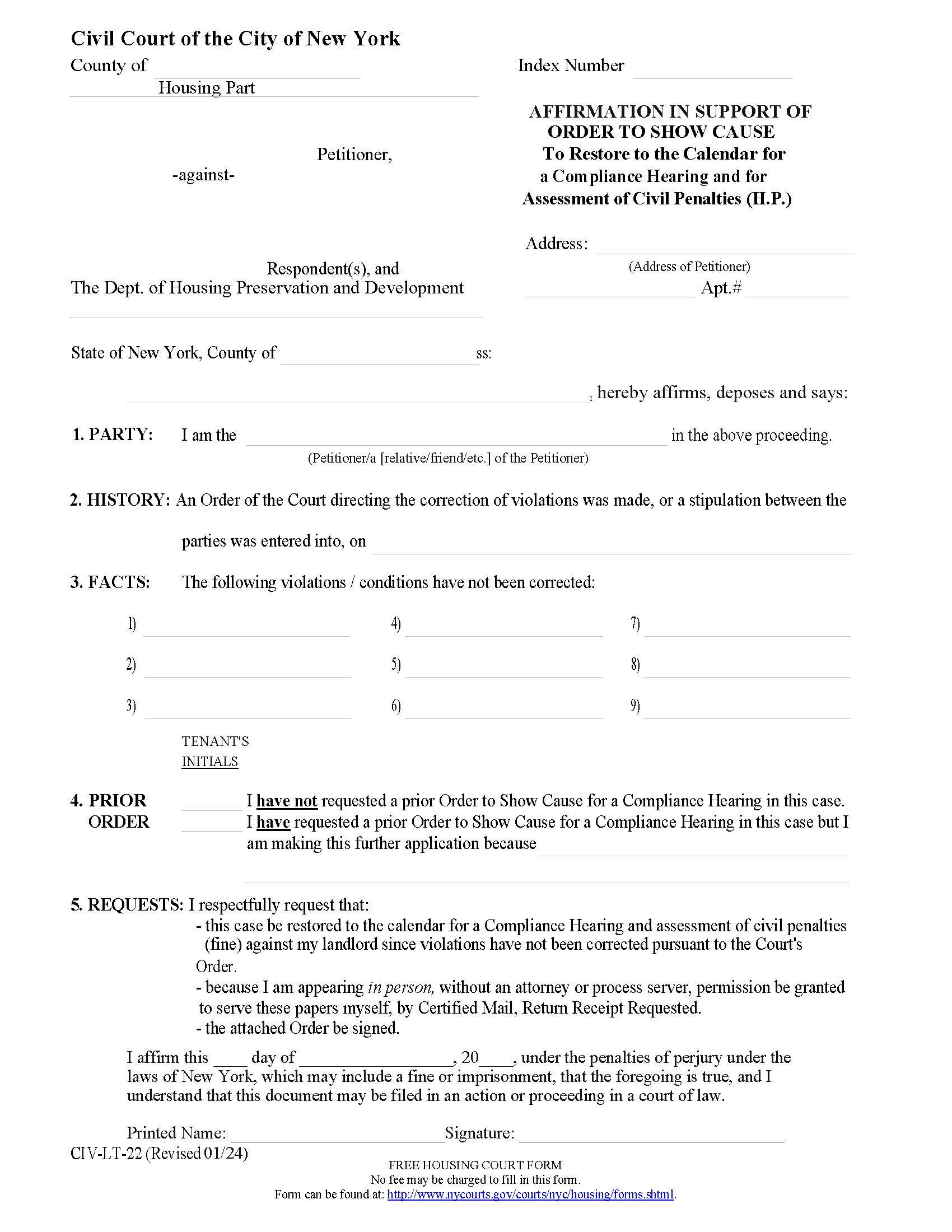 Affirmation In Support OSC Restore To Calendar Compliance Hearing Assessment Civil Penalties) {CIV-LT-22} | Pdf Fpdf Doc Docx | New York