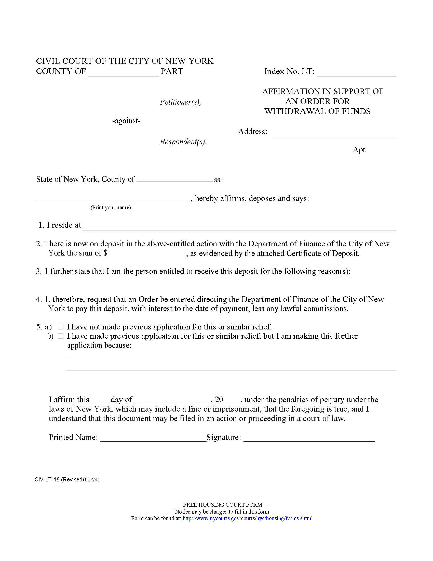 Affirmation In Support Of An Order For Withdrawal Of Funds {CIV-LT-18} | Pdf Fpdf Doc Docx | New York