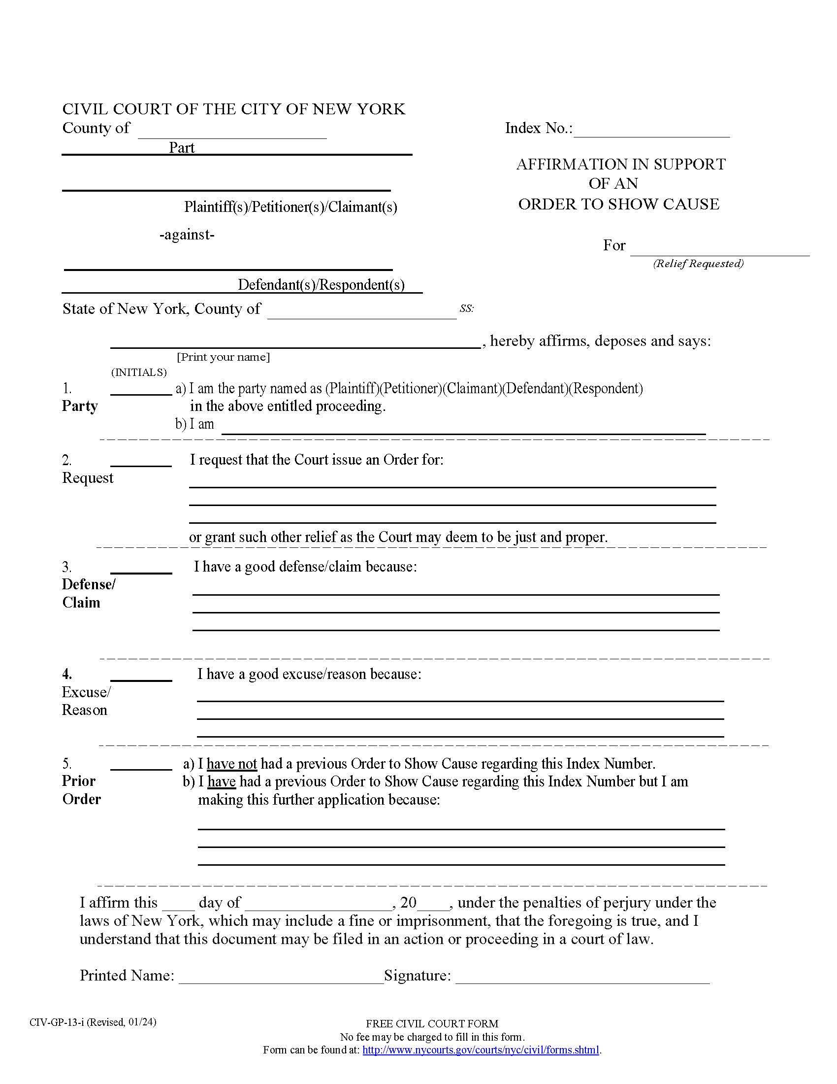 Affirmation In Support Of An Order To Show Cause {CIV-GP-13} | Pdf Fpdf Doc Docx | New York