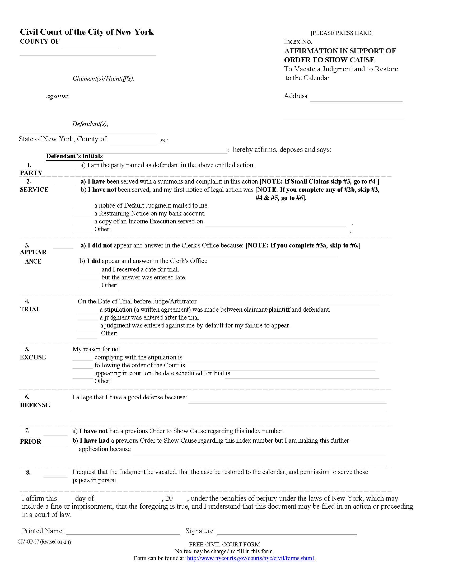 Affirmation In Support Of OSC (Vacate Judgment-Restore To Calendar) {CIV-GP-17} | Pdf Fpdf Doc Docx | New York