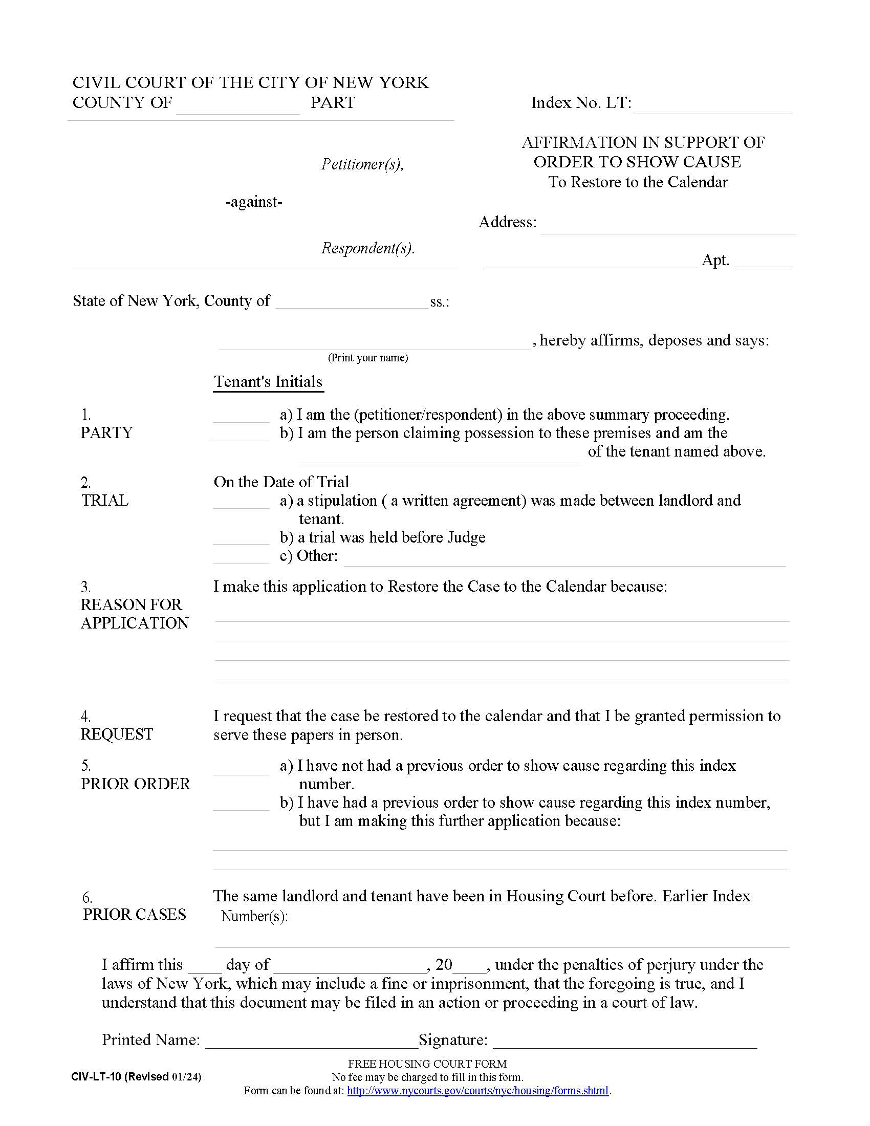 Affirmation In Support Of OSC To Restore To Calendar (LT) {CIV-LT-10} | Pdf Fpdf Doc Docx | New York