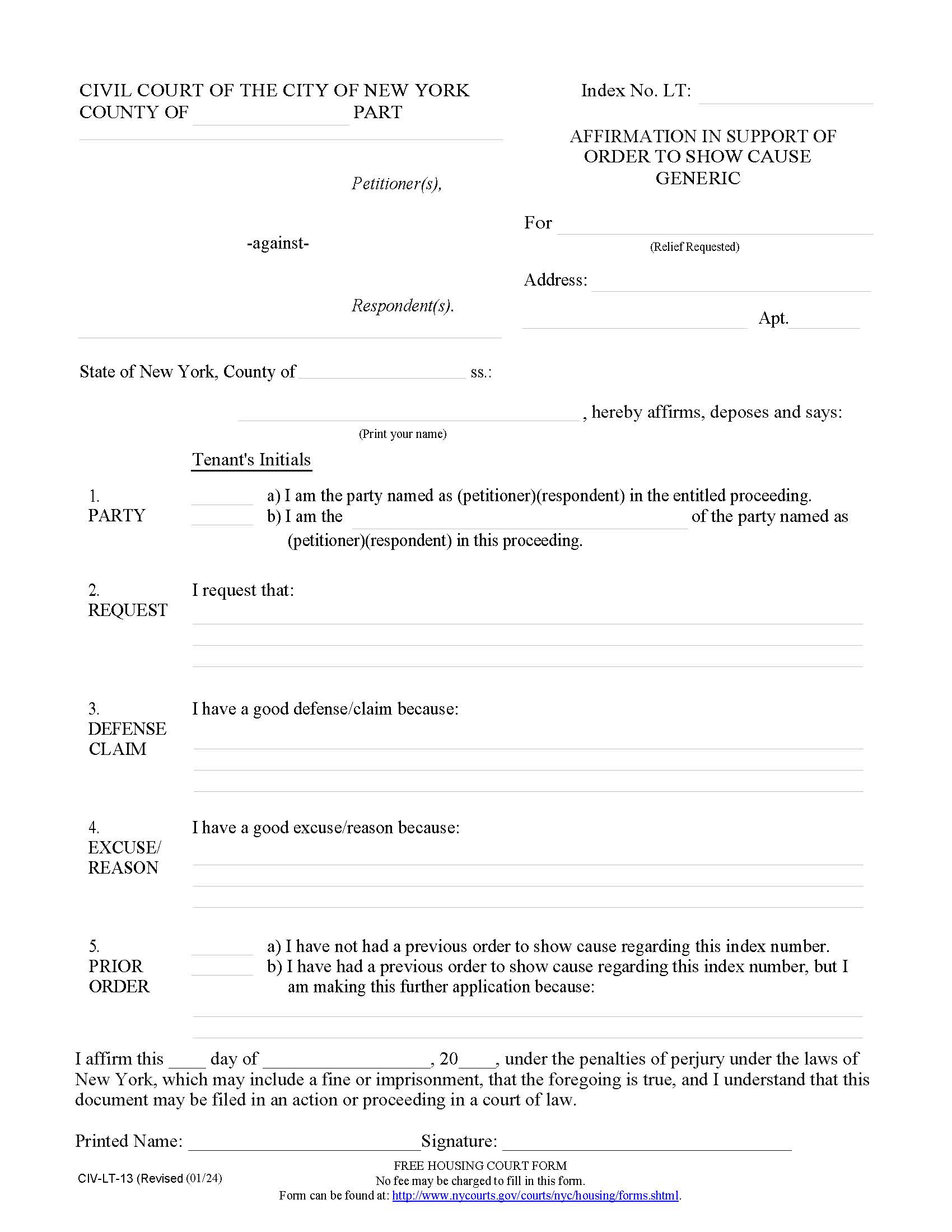 Affirmation In Support Of Order To Show Cause Generic {CIV-LT-13} | Pdf Fpdf Doc Docx | New York