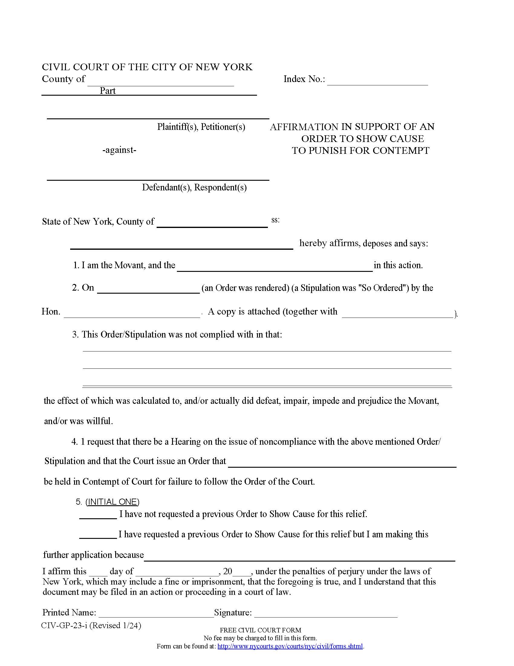 Affirmation In Support Order To Show Cause Punish For Contempt {CIV-GP-23} | Pdf Fpdf Doc Docx | New York