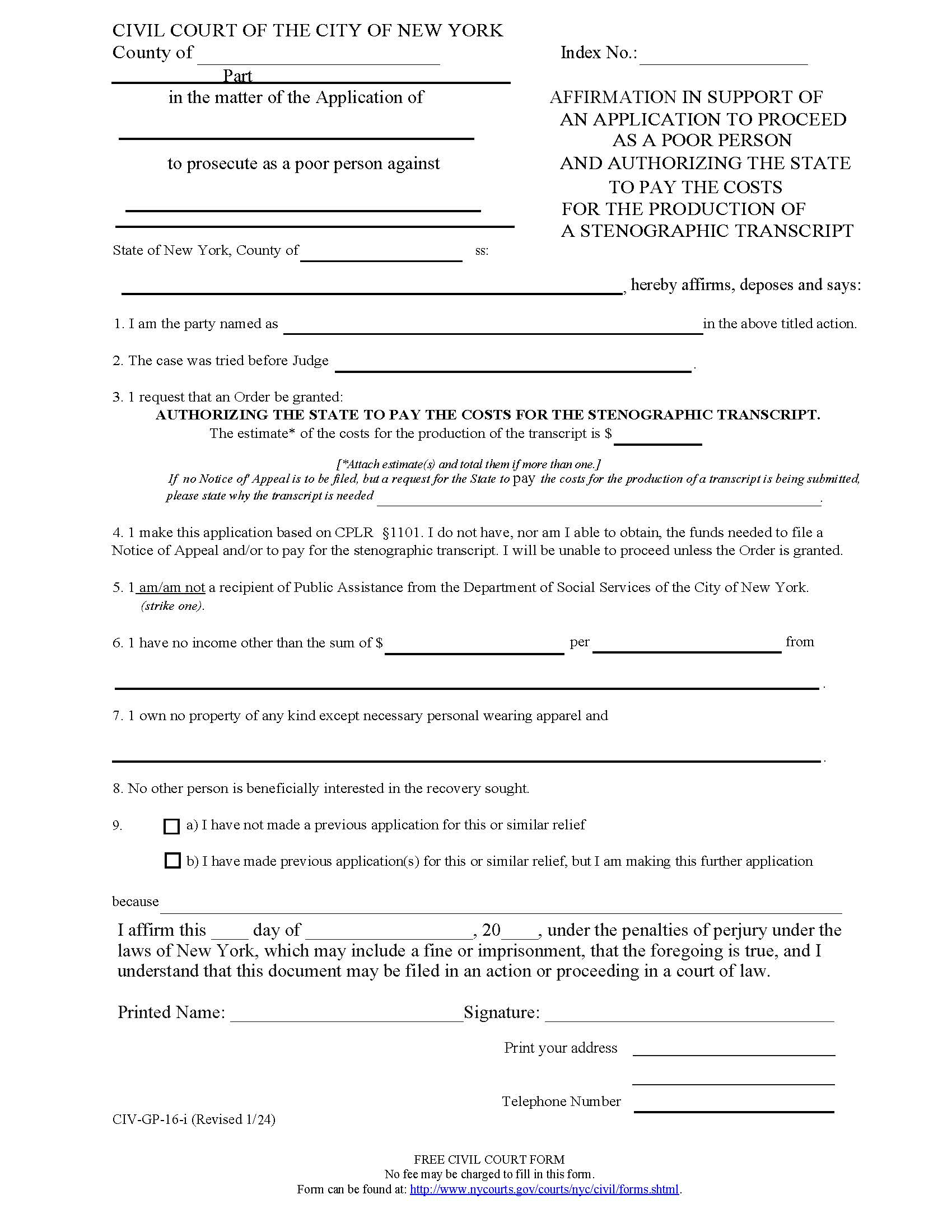 Affirmation In Support Poor Person Application Authorizing State Costs Of Transcript {CIV-GP-16} | Pdf Fpdf Doc Docx | New York