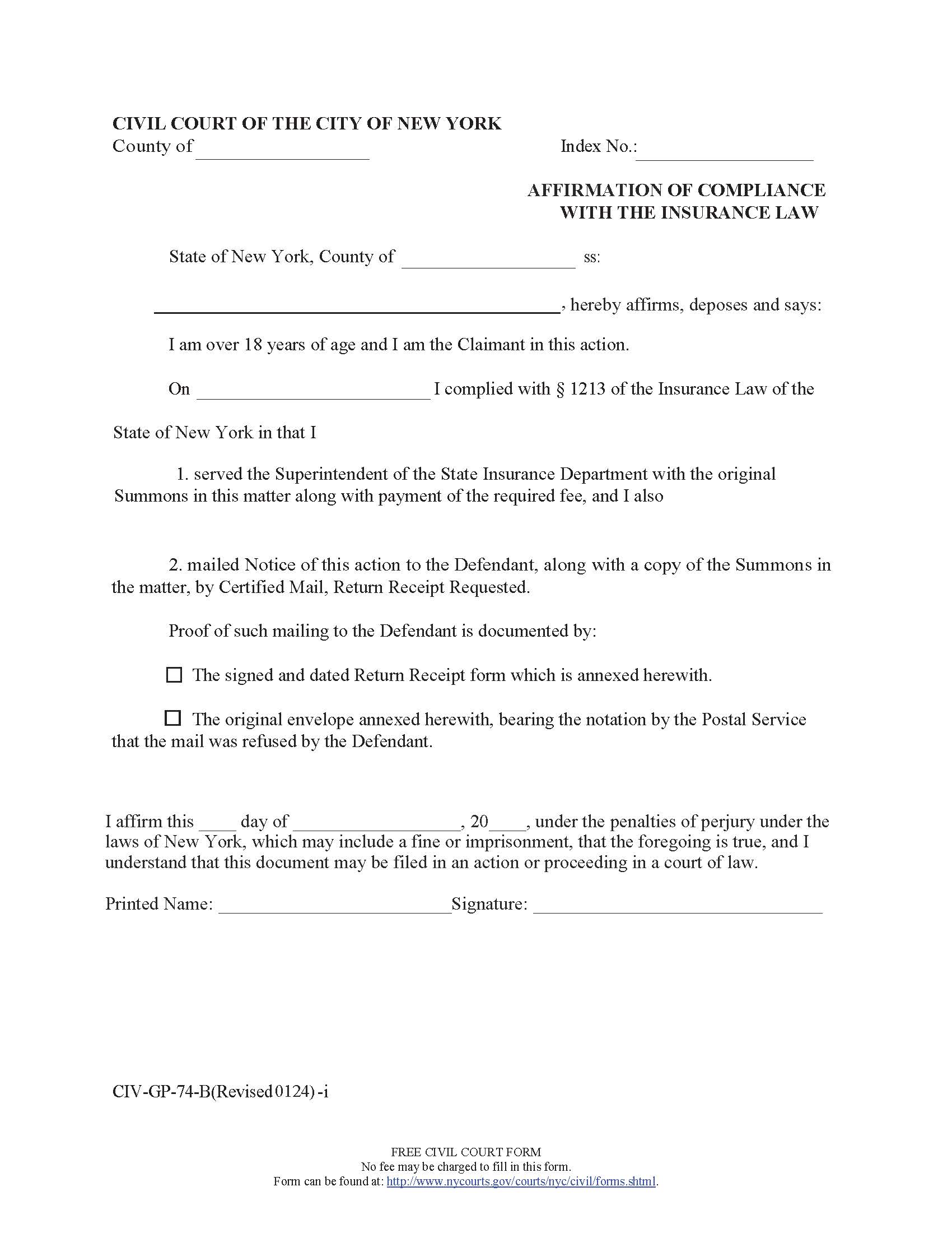 Affirmation Of Compliance With The Insurance Law {CIV-GP-74-B} | Pdf Fpdf Doc Docx | New York