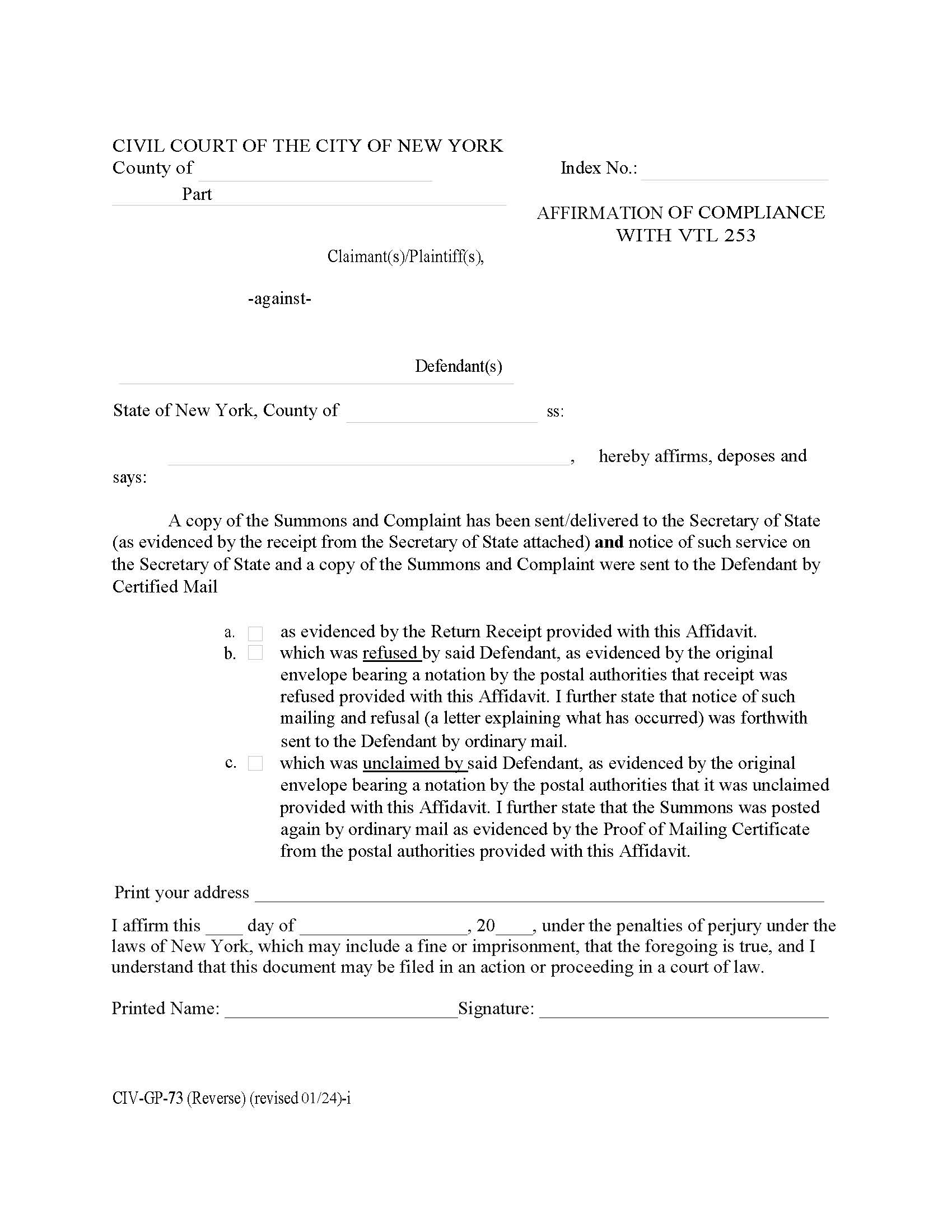 Affirmation Of Compliance With VTL  253 (Reverse) {CIV-GP-73} | Pdf Fpdf Doc Docx | New York