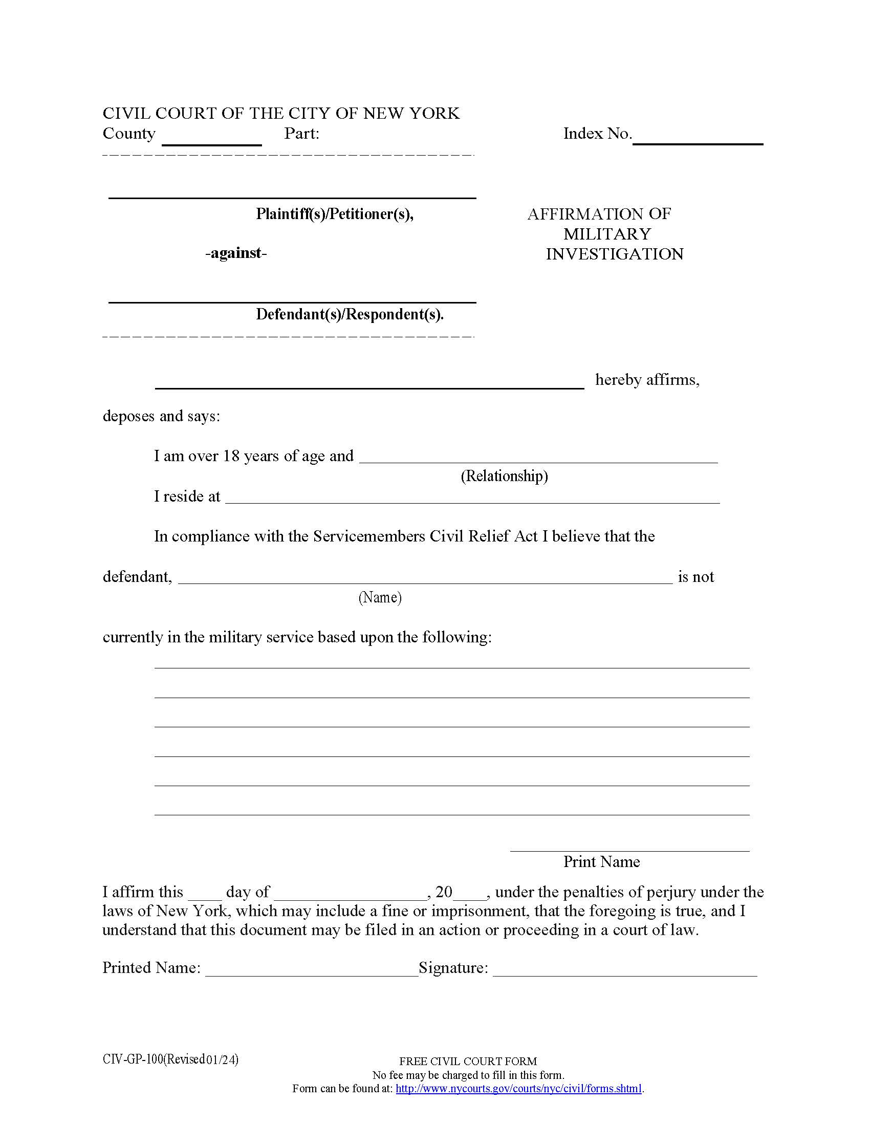 Affirmation Of Military Investigation {CIV-GP-100} | Pdf Fpdf Doc Docx | New York