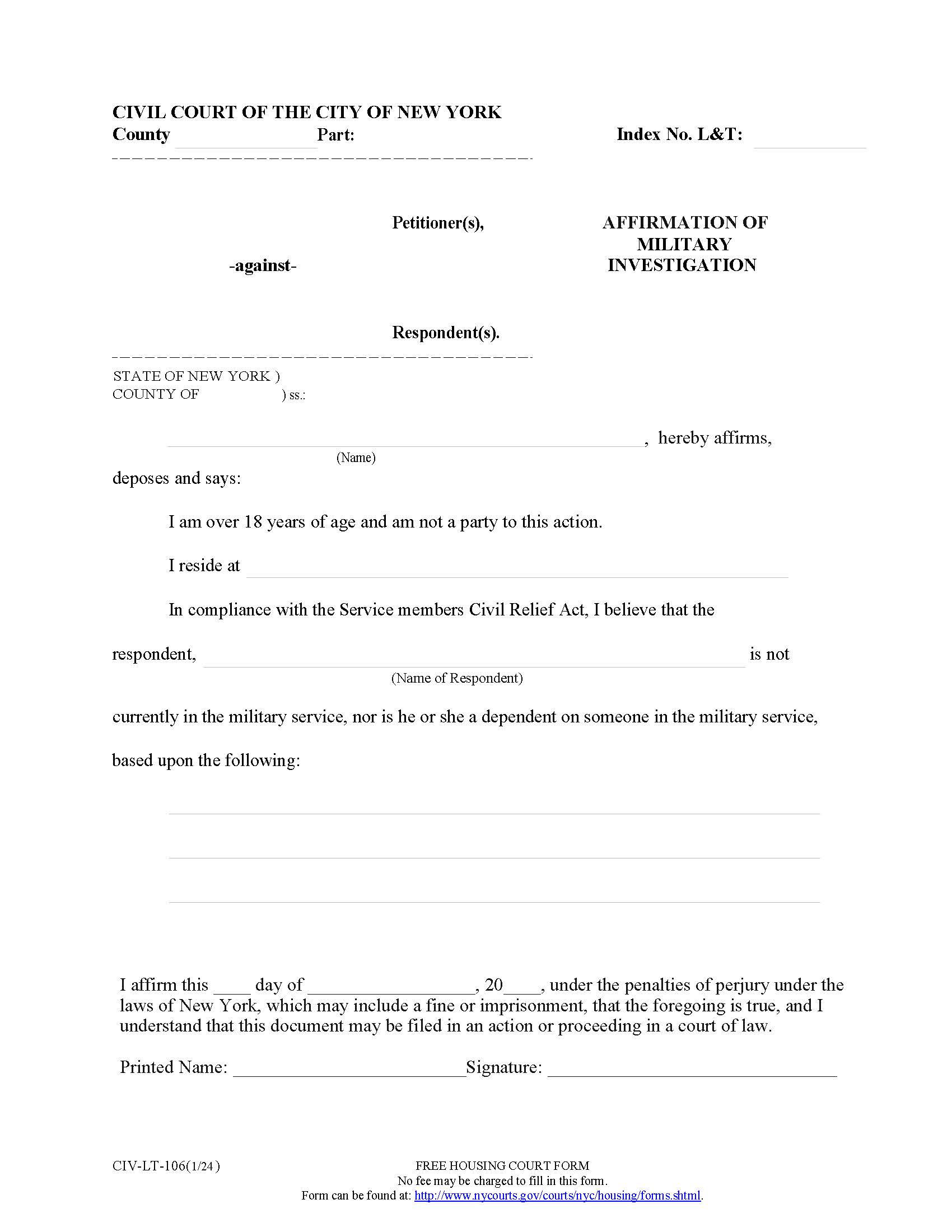 Affirmation Of Military Investigation {CIV-LT-106} | Pdf Fpdf Doc Docx | New York