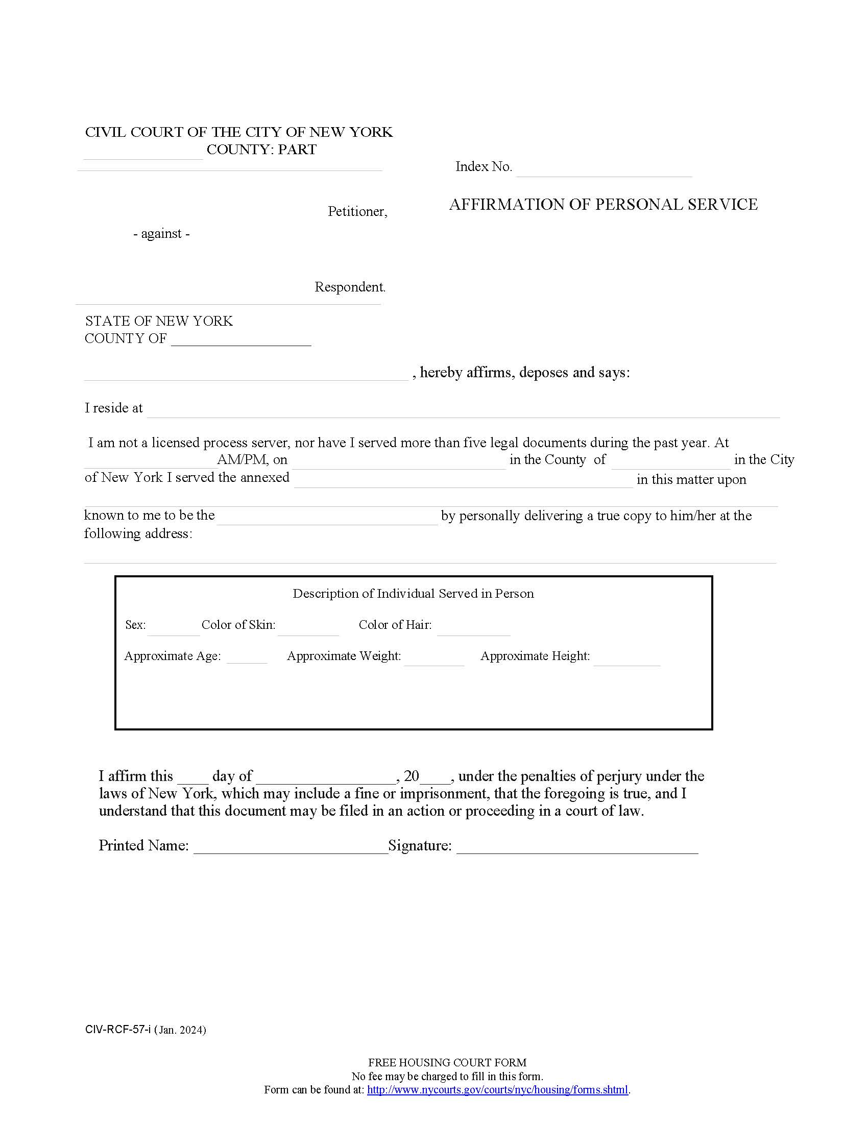 Affirmation Of Personal Service {CIV-RCF-57} | Pdf Fpdf Doc Docx | New York