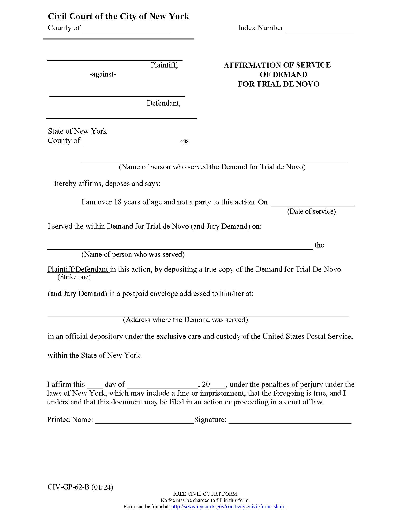 Affirmation Of Service Of Demand For Trial De Novo {CIV-GP-62-B} | Pdf Fpdf Doc Docx | New York