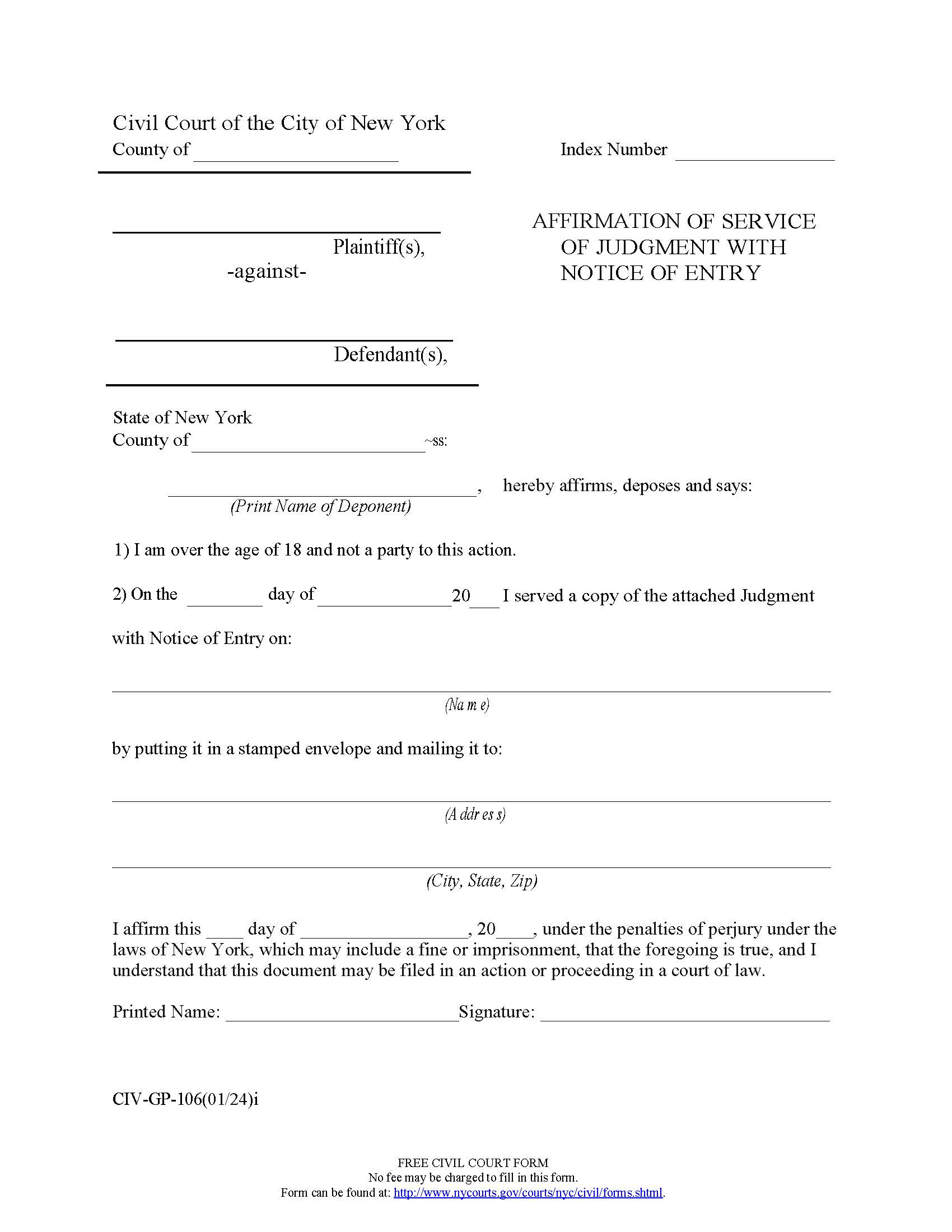 Affirmation Of Service Of Judgment With Notice Of Entry {CIV-GP-106} | Pdf Fpdf Doc Docx | New York