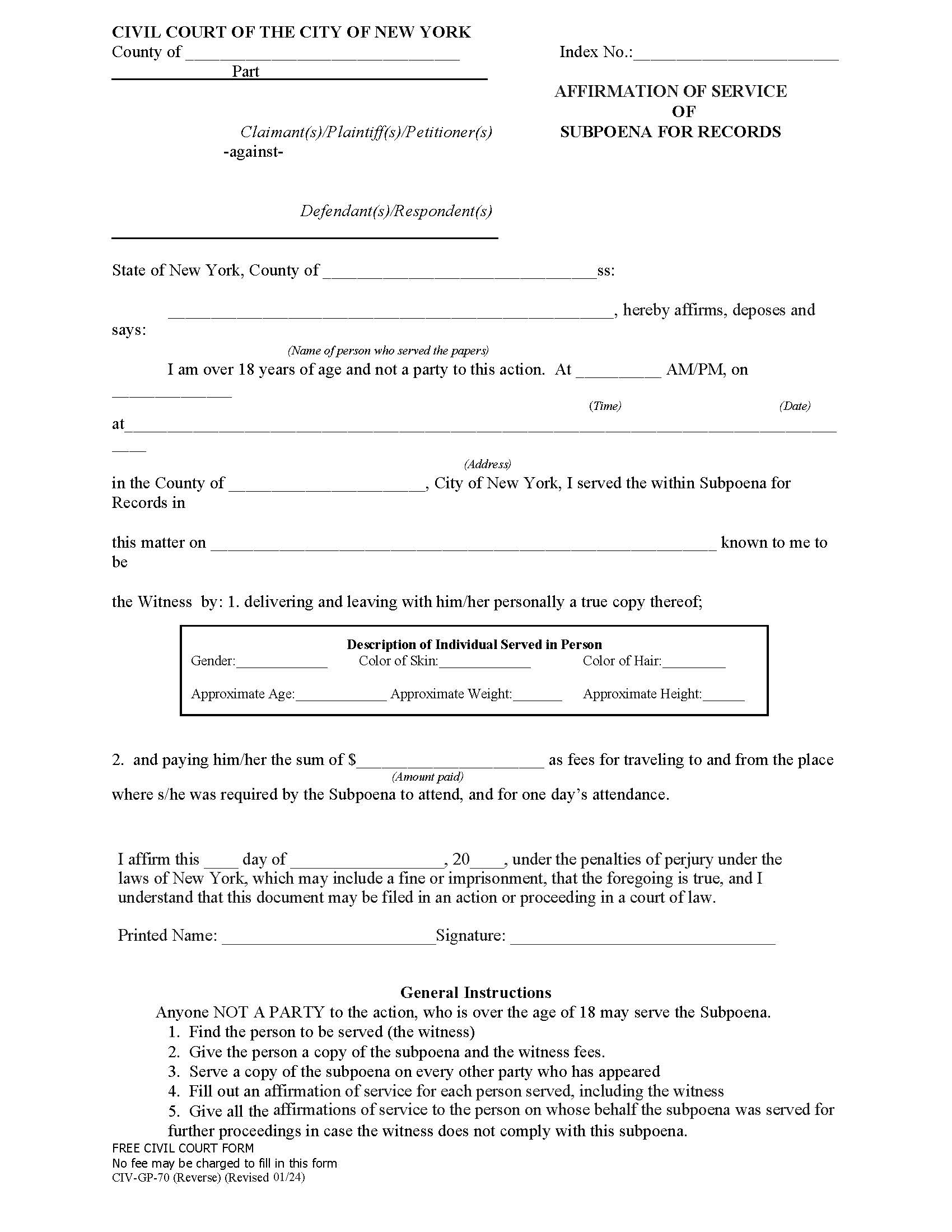 Affirmation Of Service Of Subpoena For Records {CIV-GP-70} | Pdf Fpdf Doc Docx | New York