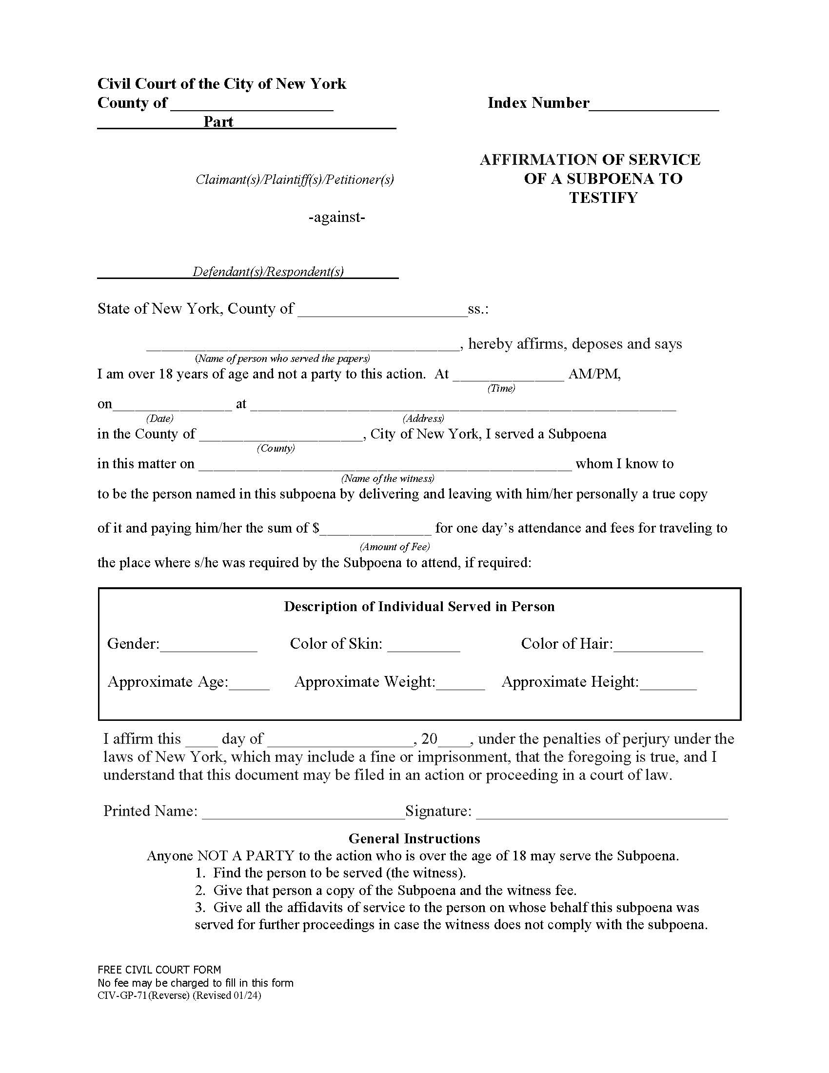 Affirmation Of Service Of Subpoena To Testify {CIV-GP-71} | Pdf Fpdf Doc Docx | New York