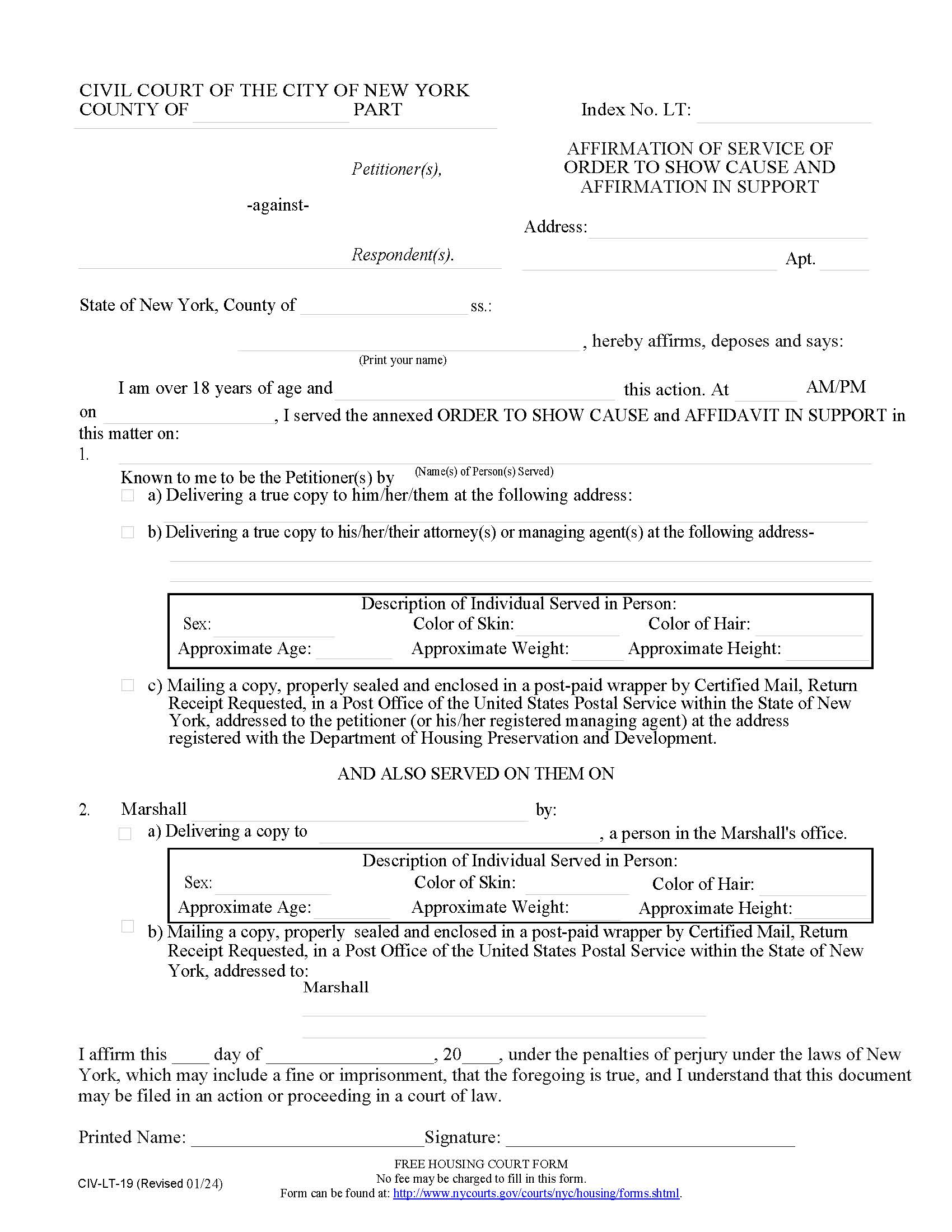 Affirmation Of Service Order To Show Cause Affirmation In Support {CIV-LT-19} | Pdf Fpdf Doc Docx | New York