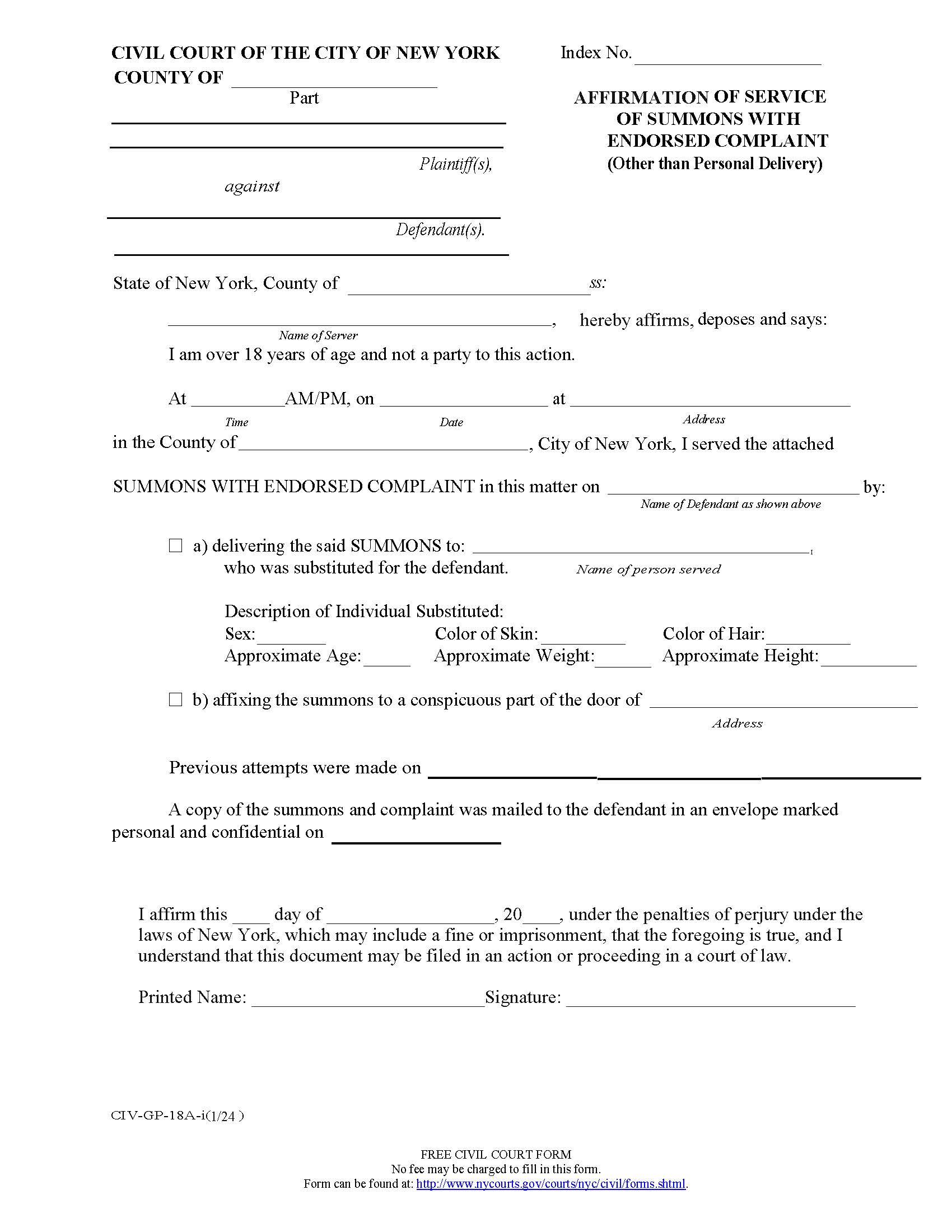 Affirmation Of Service Summons With Endorsed Complaint (Other Than Personal Delivery) {CIV-GP-18A} | Pdf Fpdf Doc Docx | New York