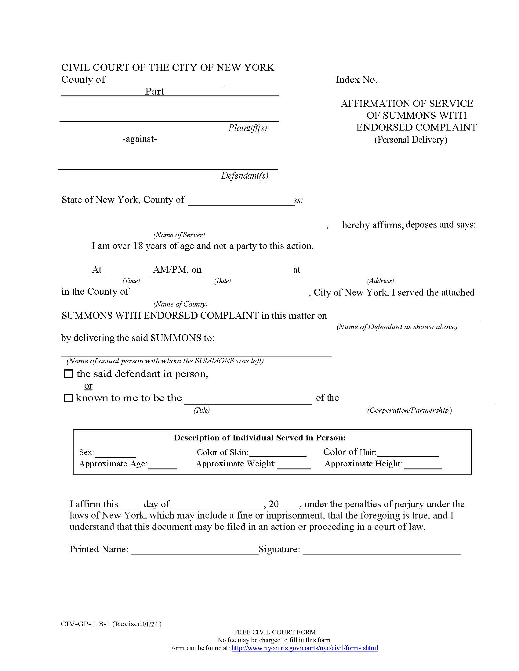 Affirmation Of Service Summons With Endorsed Complaint (Personal Delivery) {CIV-GP-18-1} | Pdf Fpdf Doc Docx | New York