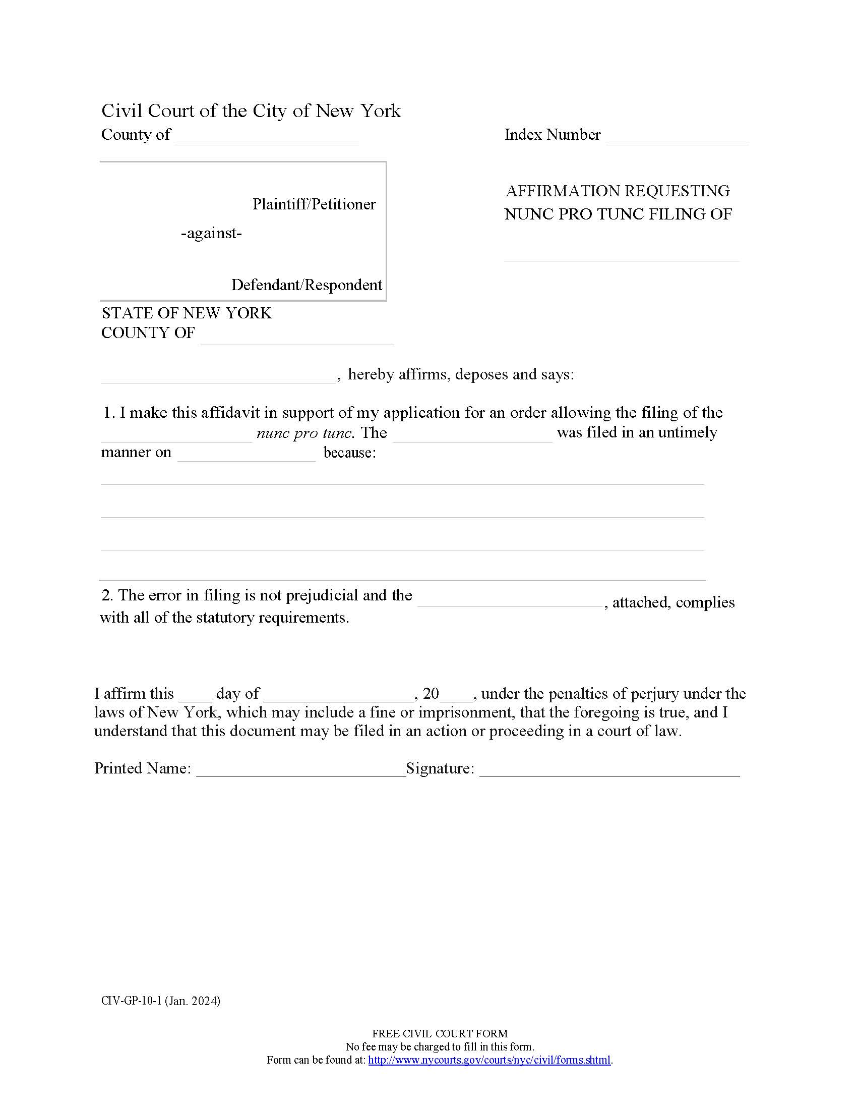 Affirmation Requesting Nunc Pro Tunc Filing {CIV-GP-10-1} | Pdf Fpdf Doc Docx | New York