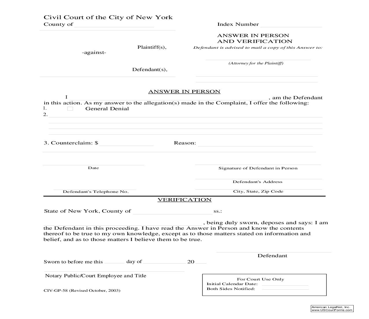 Answer In Person And Verification {CIV-GP-58} | Pdf Fpdf Doc Docx | New York