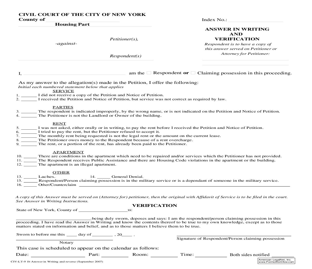 Answer In Writing And Verification {CIV-LT-91b} | Pdf Fpdf Doc Docx | New York