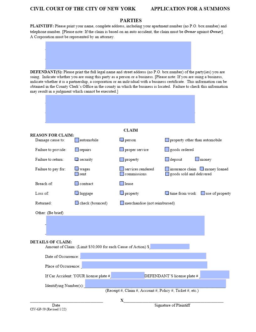 Application For A Summons {CIV-GP-59} | Pdf Fpdf Doc Docx | New York