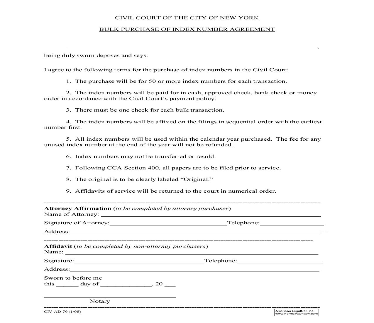 Bulk Purchase Of Index Number Agreement {CIV-AD-79} | Pdf Fpdf Doc Docx | New York