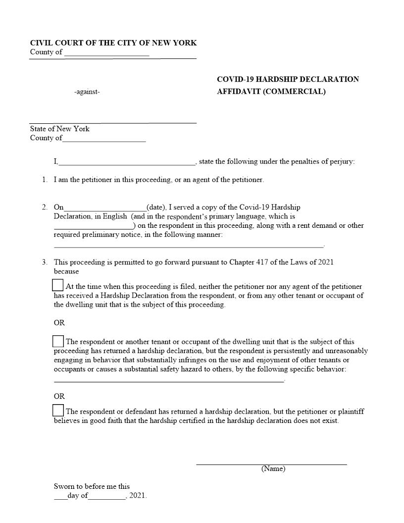 COVID-19 Hardship Declaration Affidavit (Commercial) | Pdf Fpdf Docx | New York