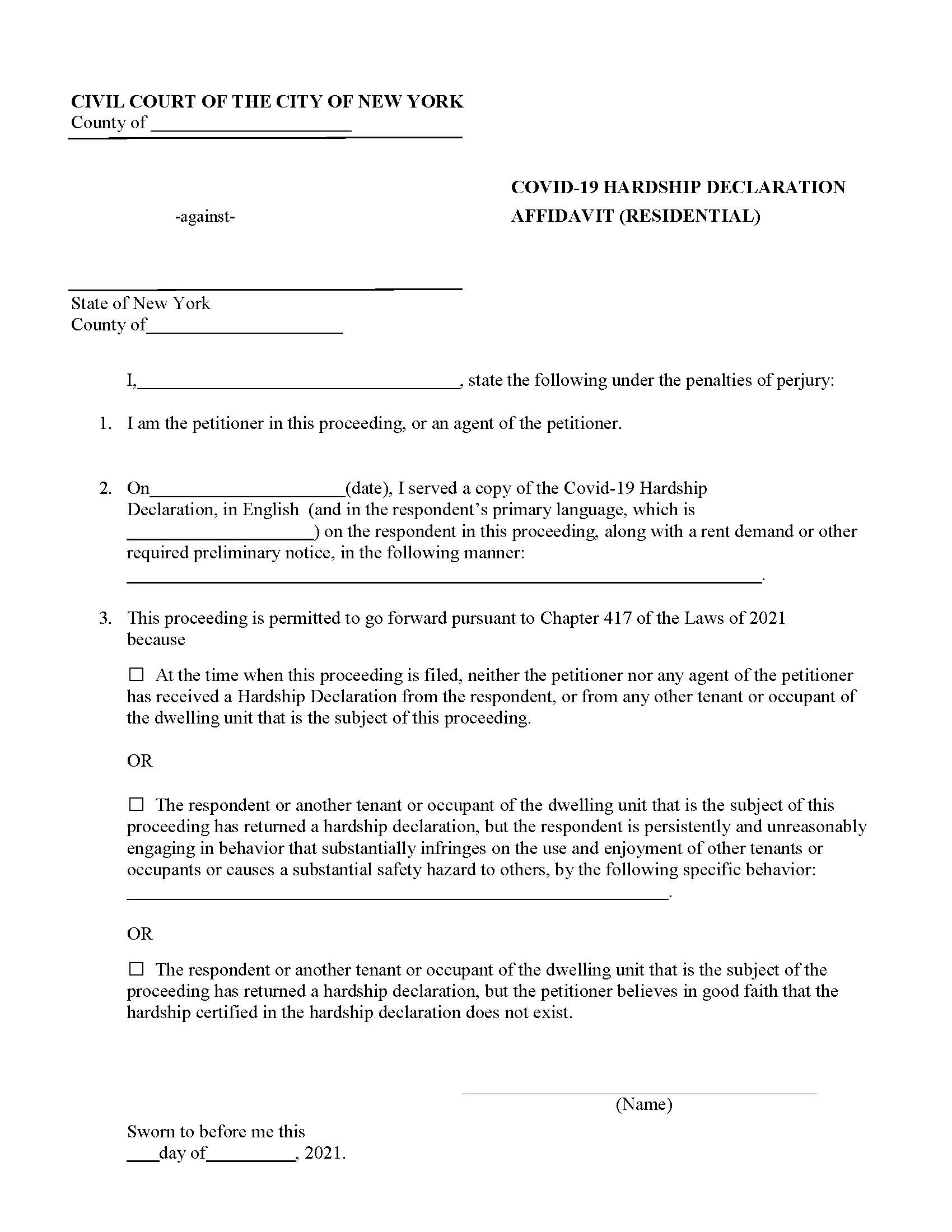 COVID-19 Hardship Declaration Affidavit (Residential) | Pdf Fpdf Docx | New York