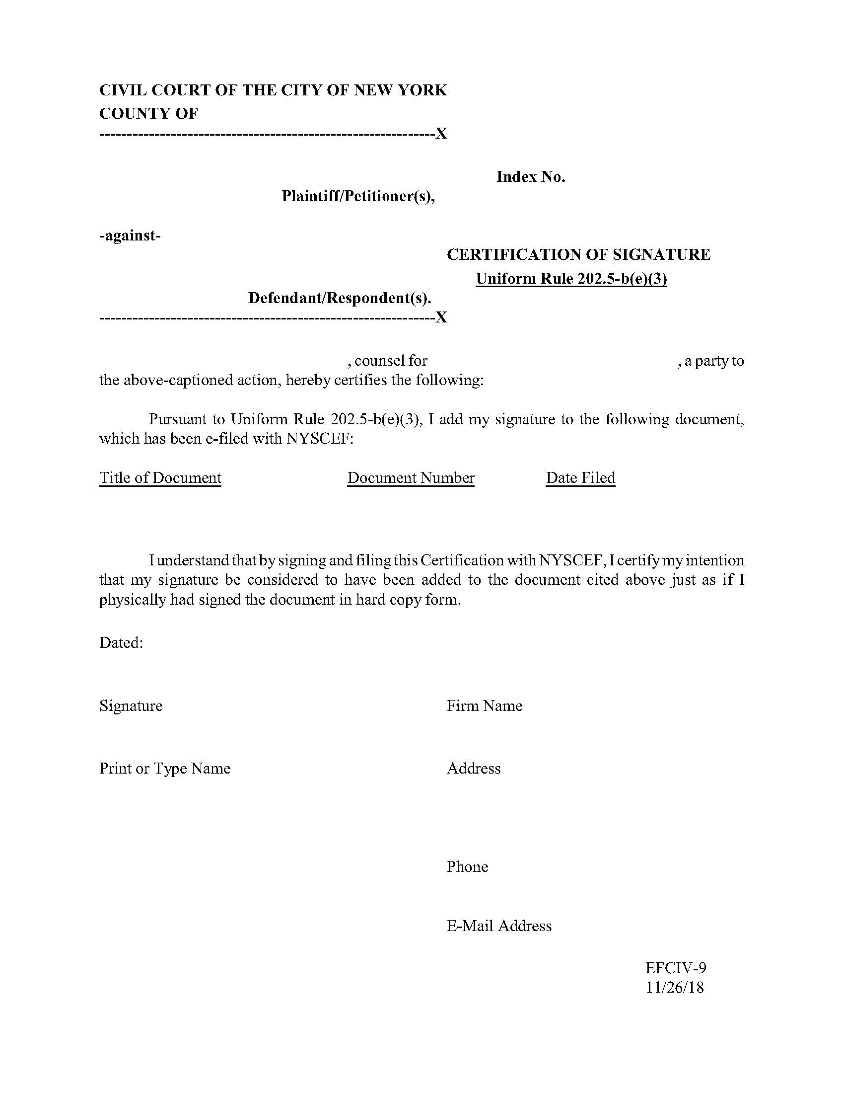 Certification Of Signature (Attorney Or Party) {EFCIV-9} | Pdf Fpdf Docx | New York