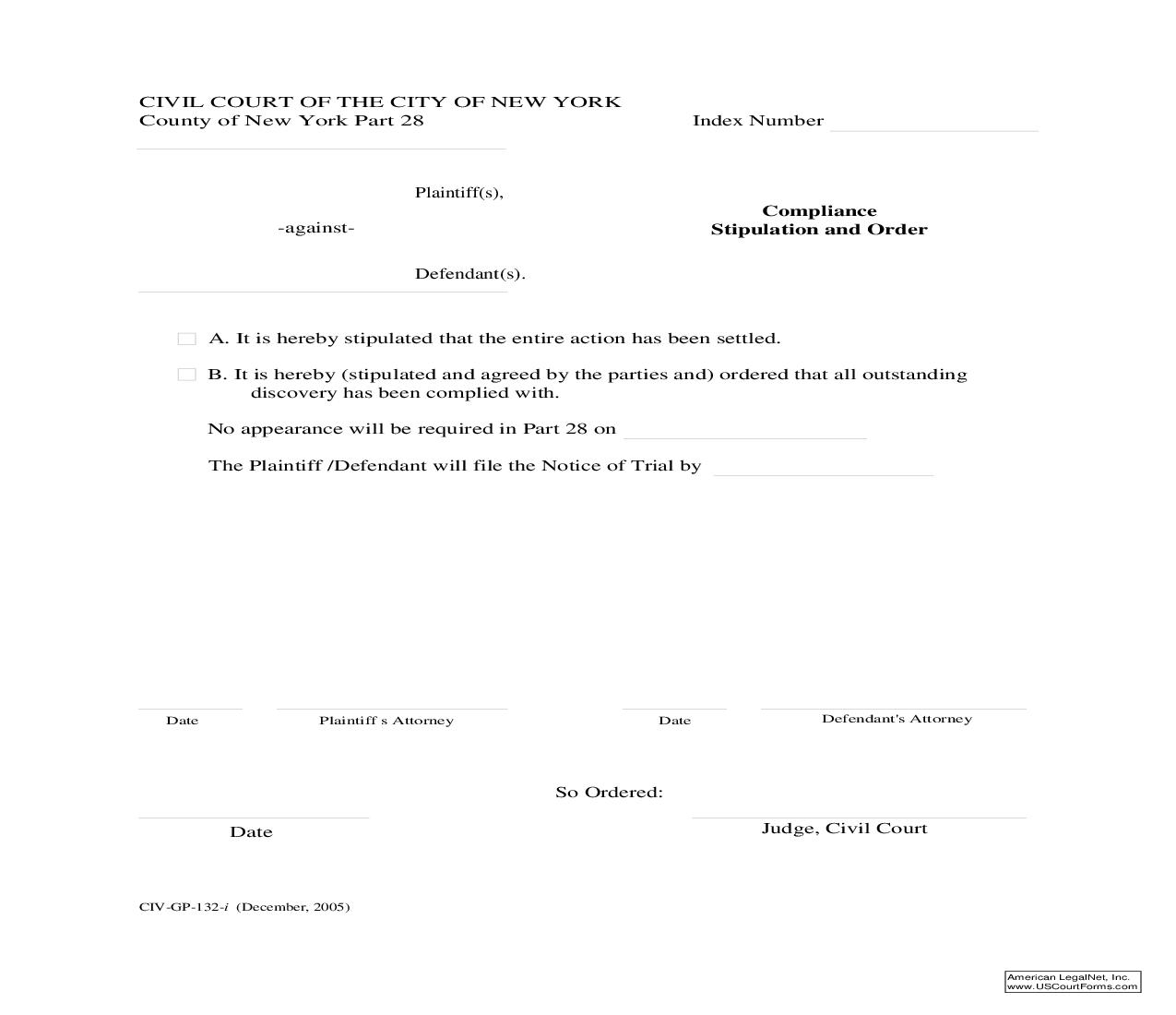 Compliance Stipulation And Order {CIV-GP-132} | Pdf Fpdf Doc Docx | New York