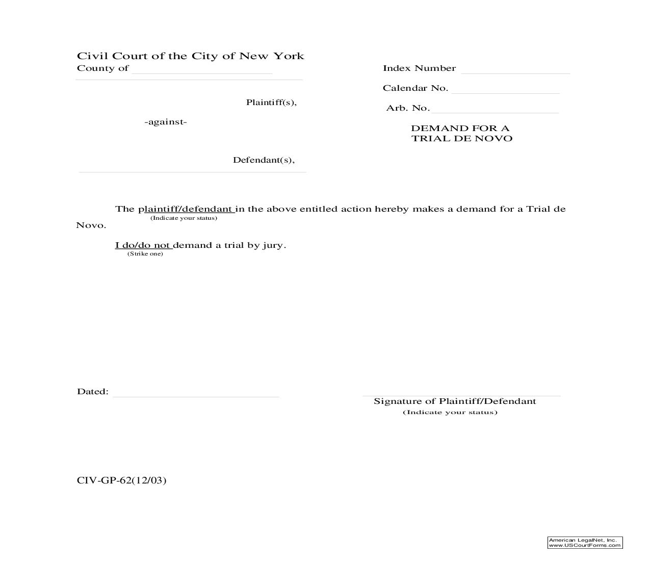 Demand For Trial De Novo {CIV-GP-62} | Pdf Fpdf Doc Docx | New York