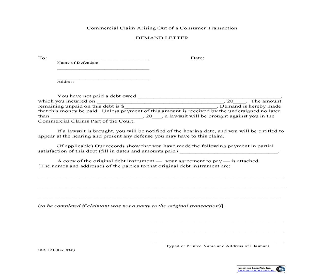 Demand Letter (Commercial Claim Arising Out Of Consumer Transaction) {UCS-124} | Pdf Fpdf Doc Docx | New York