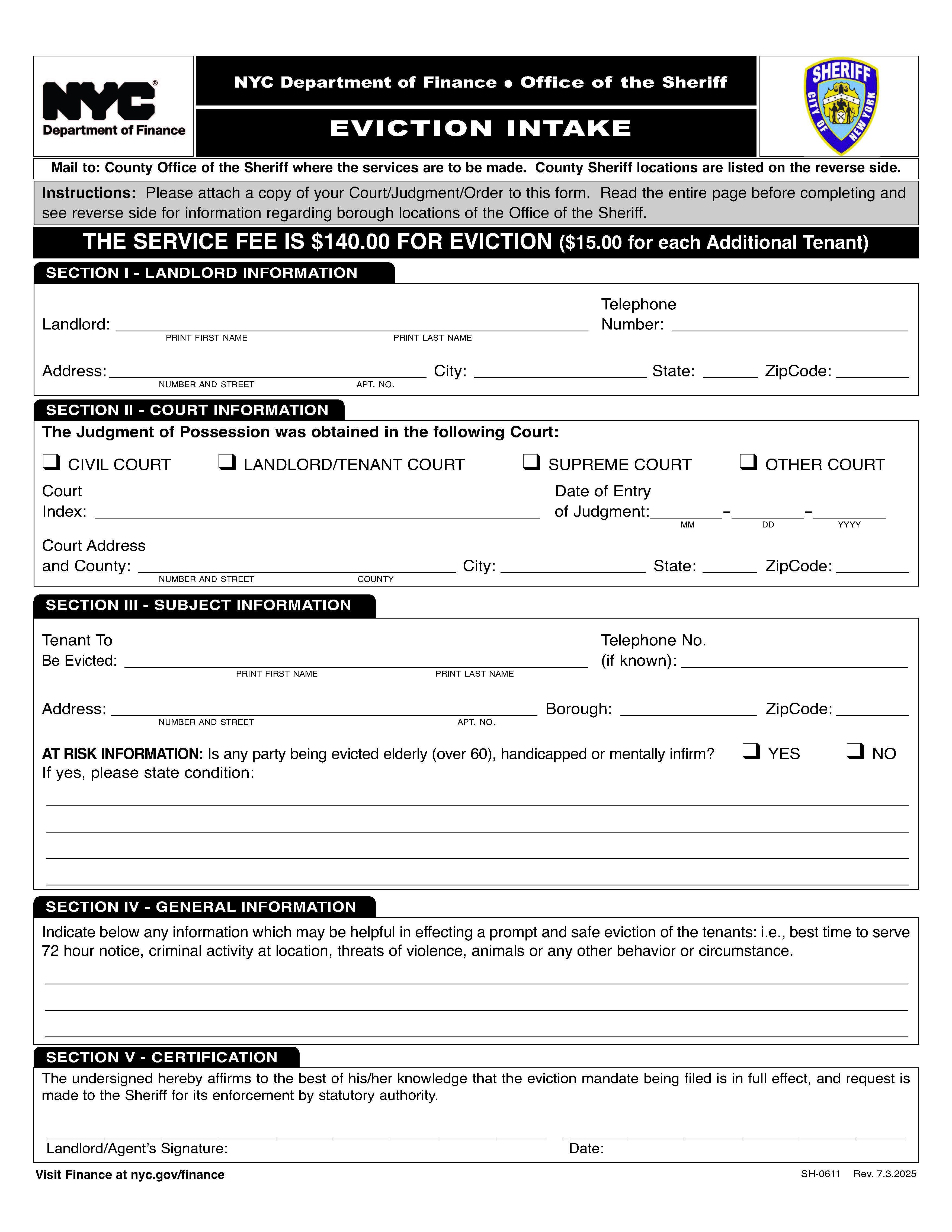 Eviction Intake {SH-0611} | Pdf Fpdf Doc Docx | New York