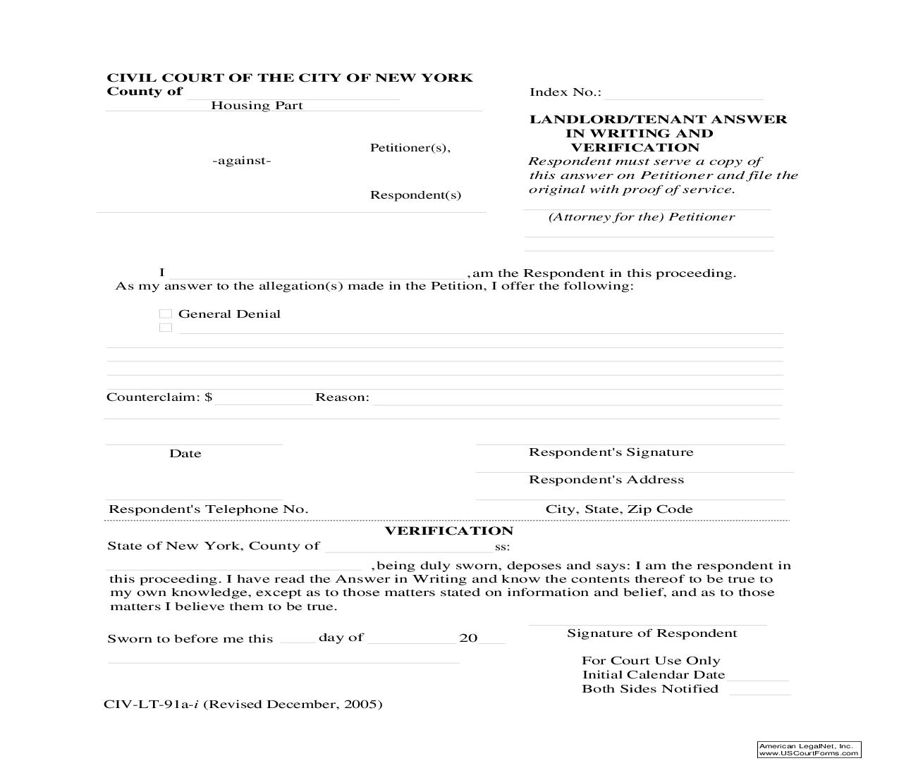 Landlord-Tenant Answer In Writing And Verification {CIV-LT-91a} | Pdf Fpdf Doc Docx | New York