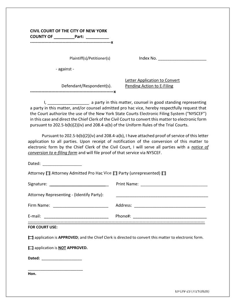 Letter Application To Convert Pending Action To E-Filing | Pdf Fpdf Docx | New York