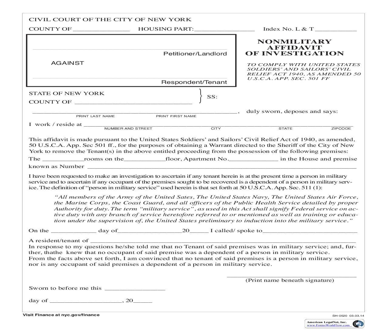 Non-Military Affidavit {SH-0520} | Pdf Fpdf Doc Docx | New York