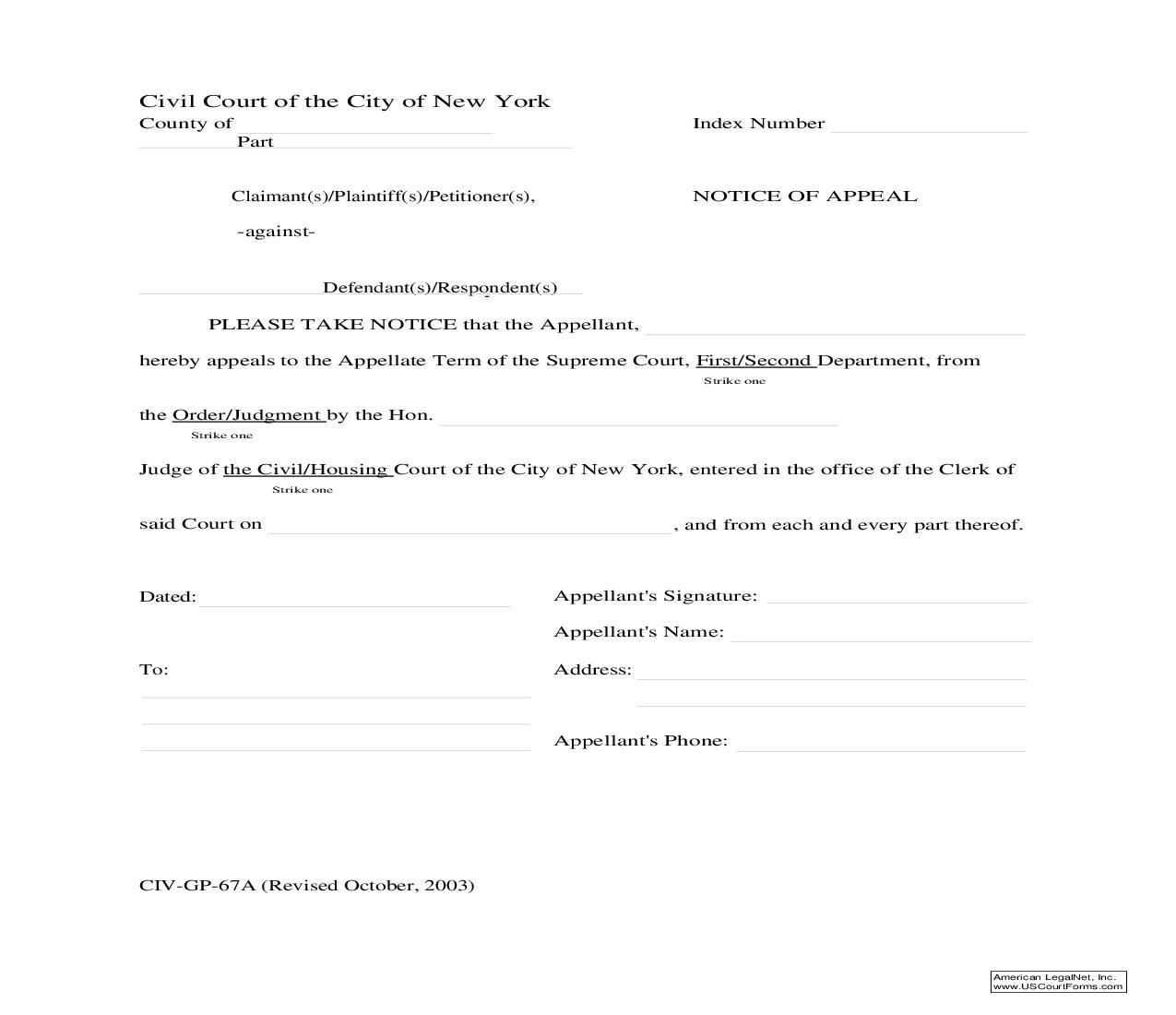 Notice Of Appeal {CIV-GP-67A} | Pdf Fpdf Doc Docx | New York