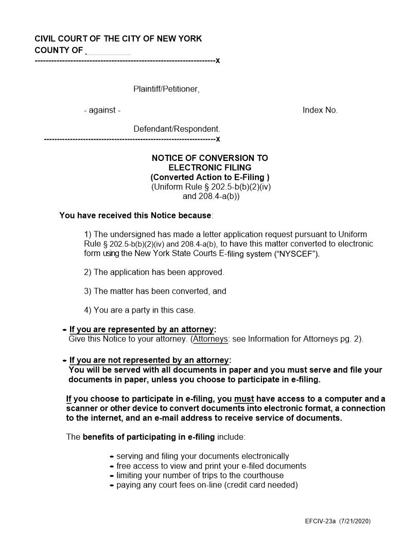 Notice Of Conversion To Electronic Filing (Converted Action To E-Filing) {EFCIV-23a} | Pdf Fpdf Docx | New York
