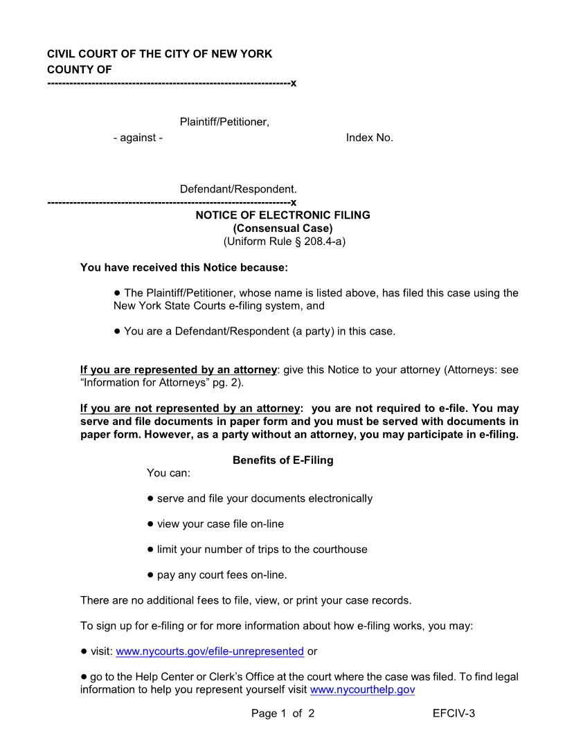 Notice Of Electronic Filing (Consensual Case) (Uniform Rule 208.4-a) {EFCIV-3} | Pdf Fpdf Docx | New York