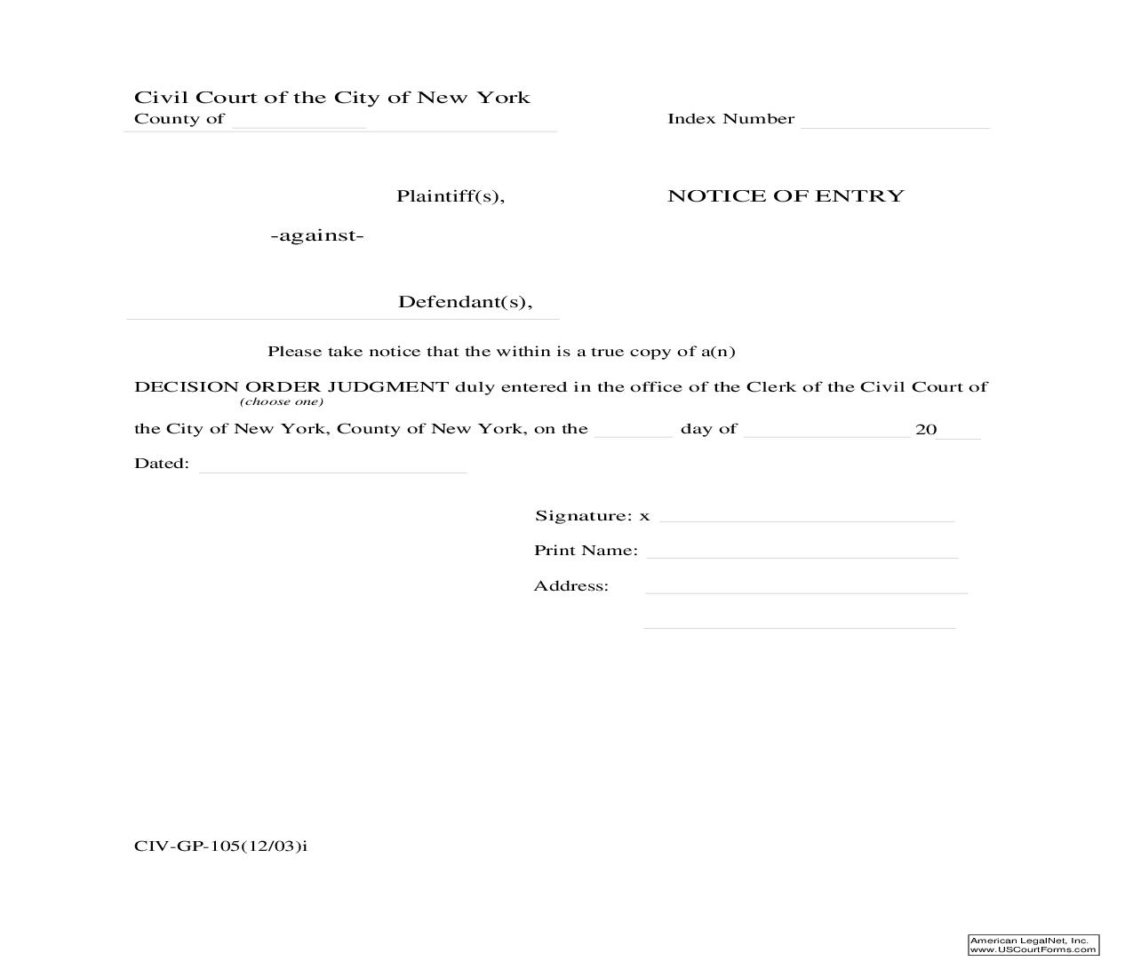 Notice Of Entry {CIV-GP-105} | Pdf Fpdf Doc Docx | New York