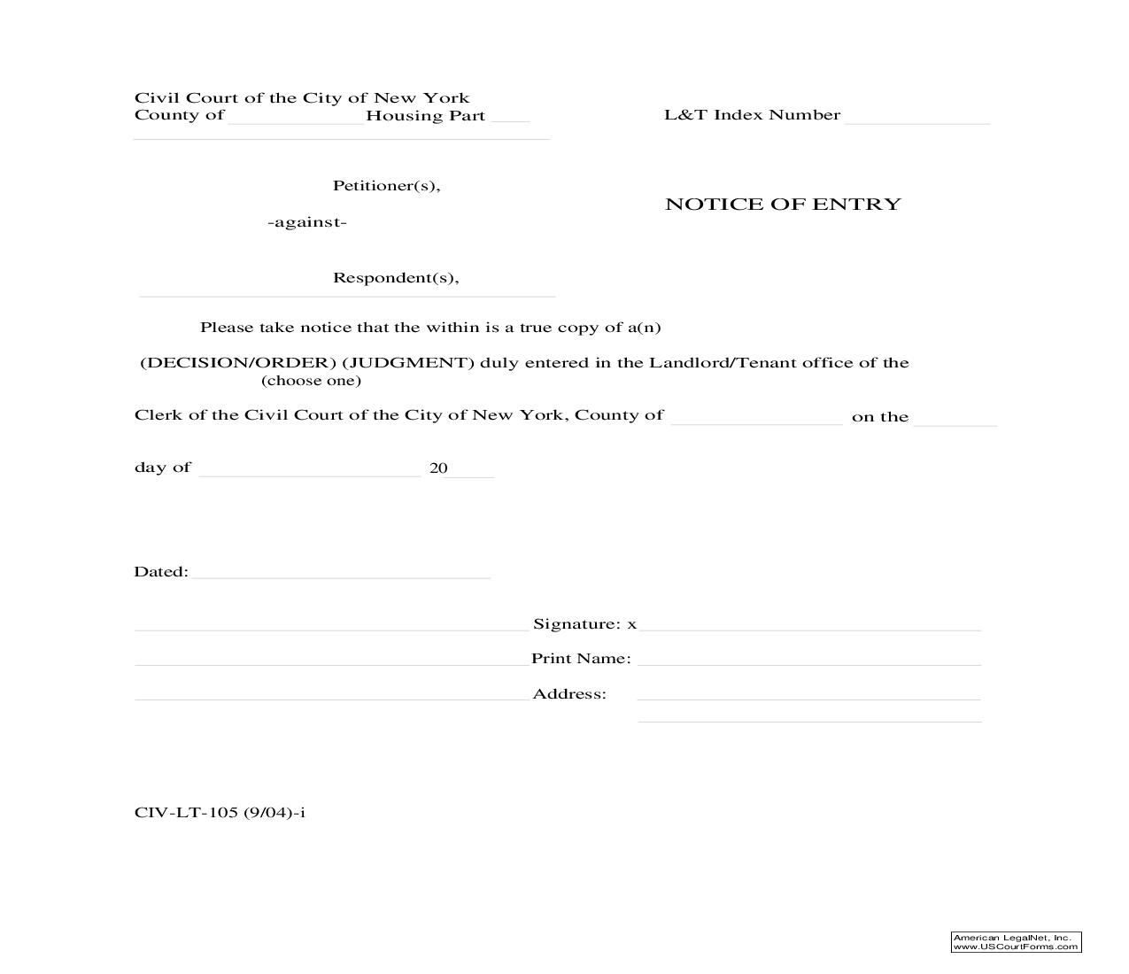 Notice Of Entry (Landlord-Tenant) {CIV-LT-105} | Pdf Fpdf Doc Docx | New York