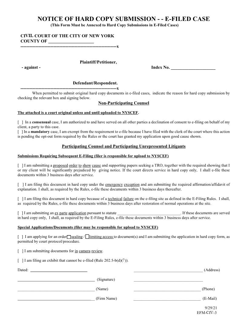 Notice Of Hard Copy Submission - E-Filed Case {EFM-CIV-3} | Pdf Fpdf Docx | New York