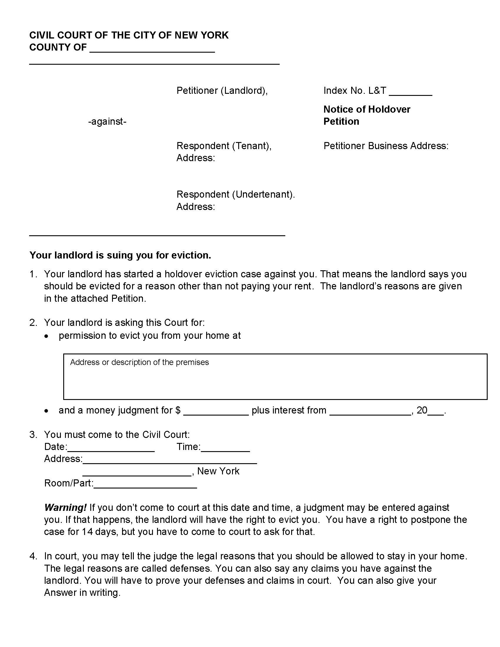 Notice Of Holdover Petition {NYCCC NHOP} | Pdf Fpdf Doc Docx | New York