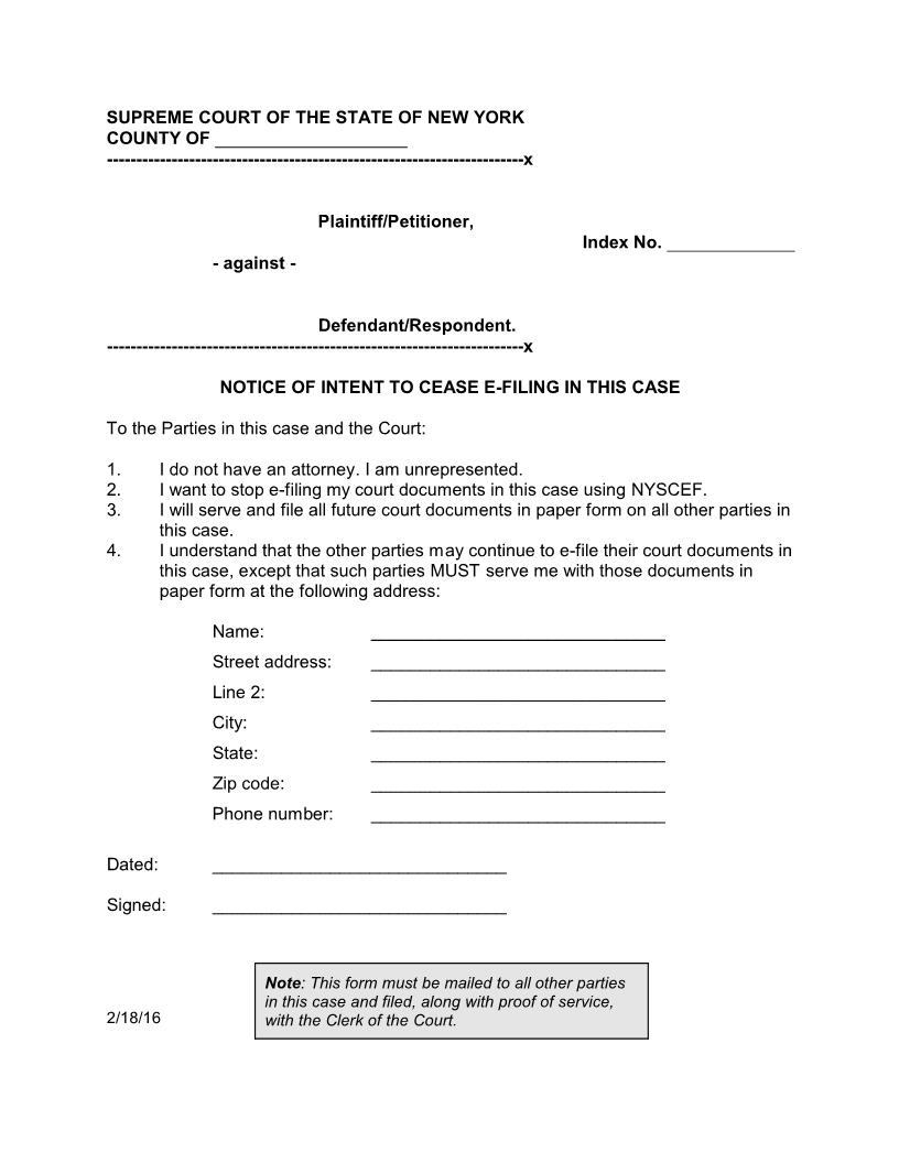 Notice Of Intent To Cease E-Filing In This Case {EFM-CIV-5} | Pdf Fpdf Docx | New York