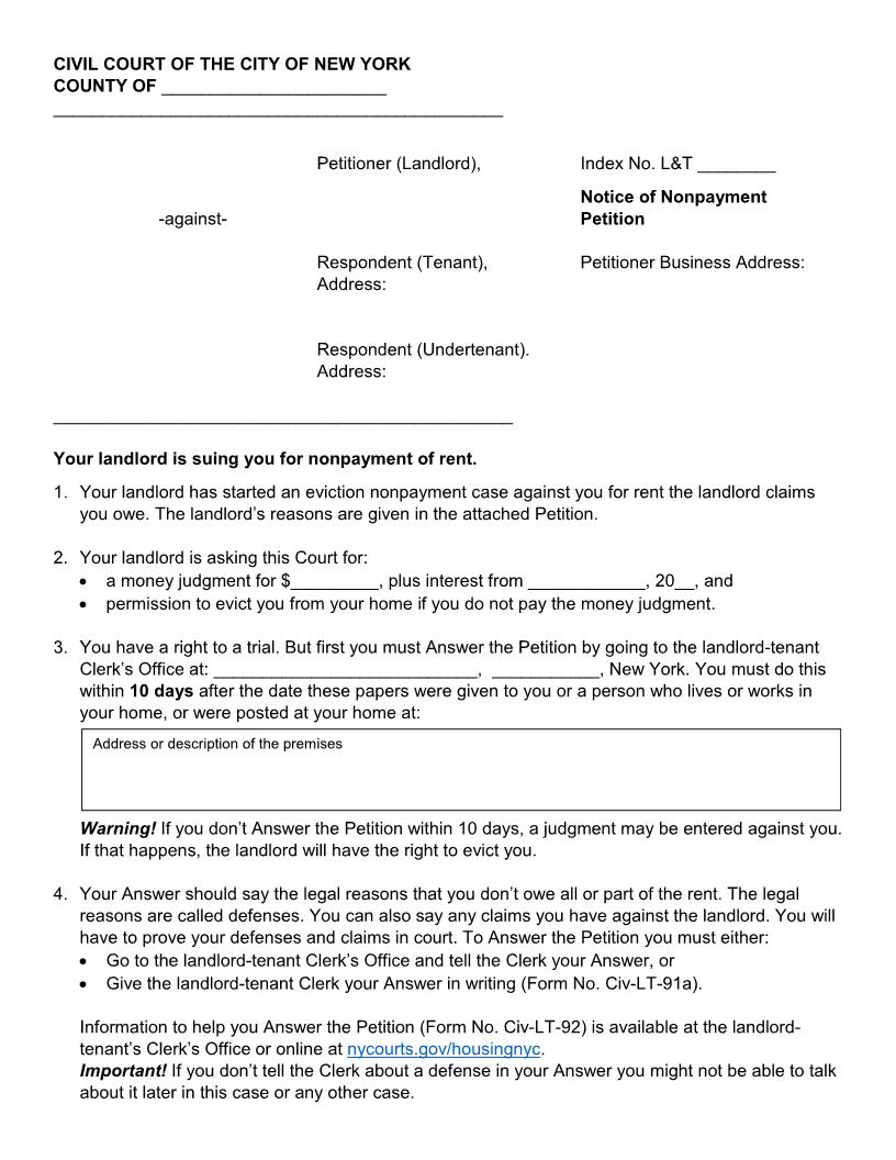 Notice Of Nonpayment Petition {NYCCC NNPP} | Pdf Fpdf Doc Docx | New York
